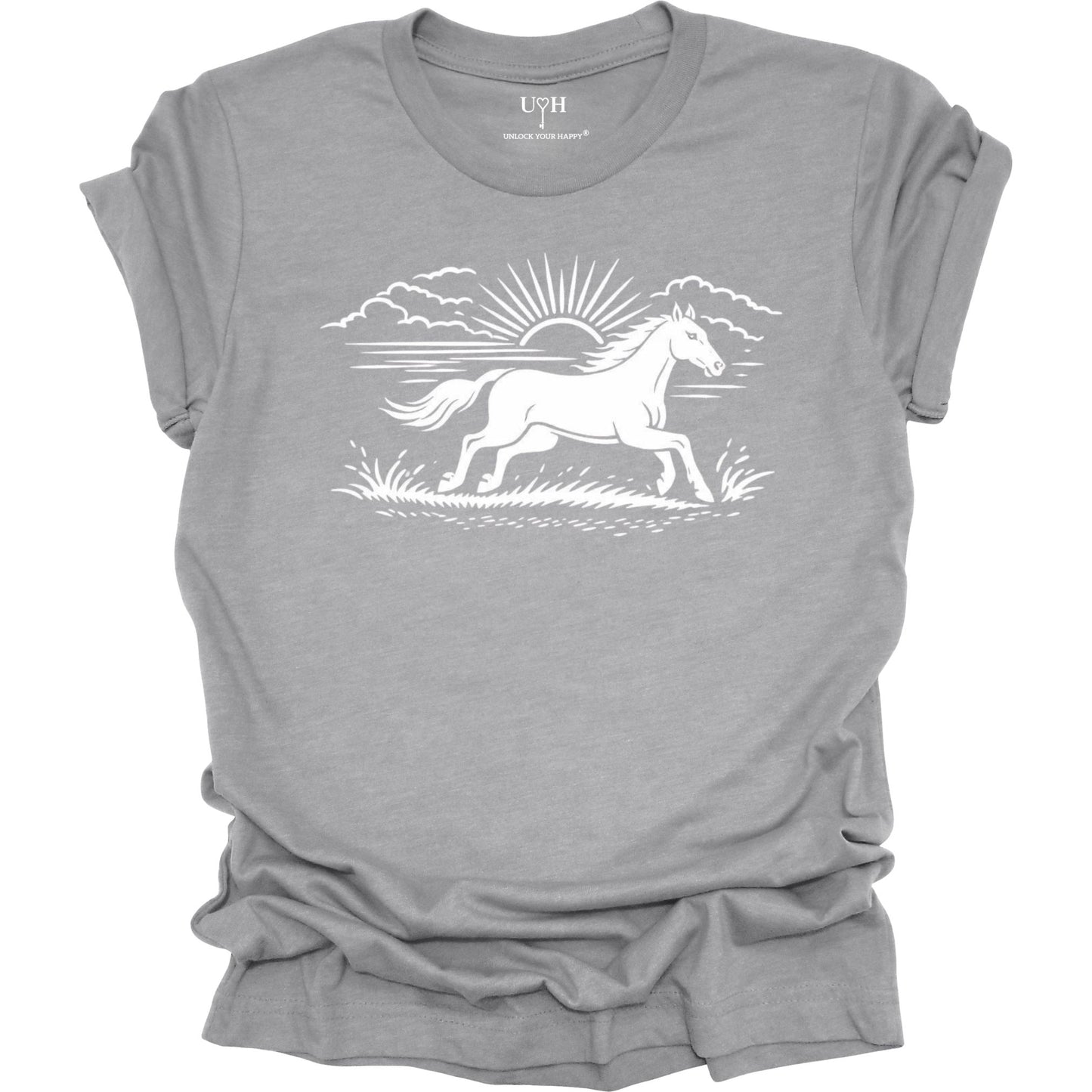 Running horse graphic t-shirt with sunrise nature design, minimalist outdoor inspired unisex gray tee