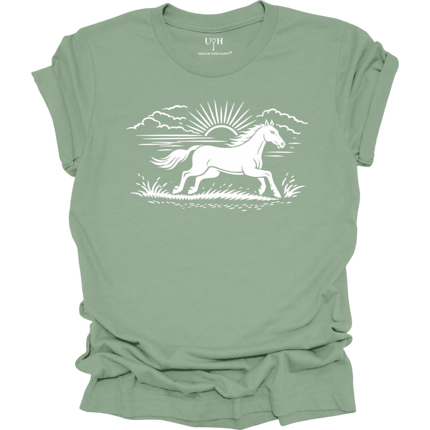 Running horse graphic t-shirt with sunrise nature design, minimalist outdoor inspired unisex sage tee