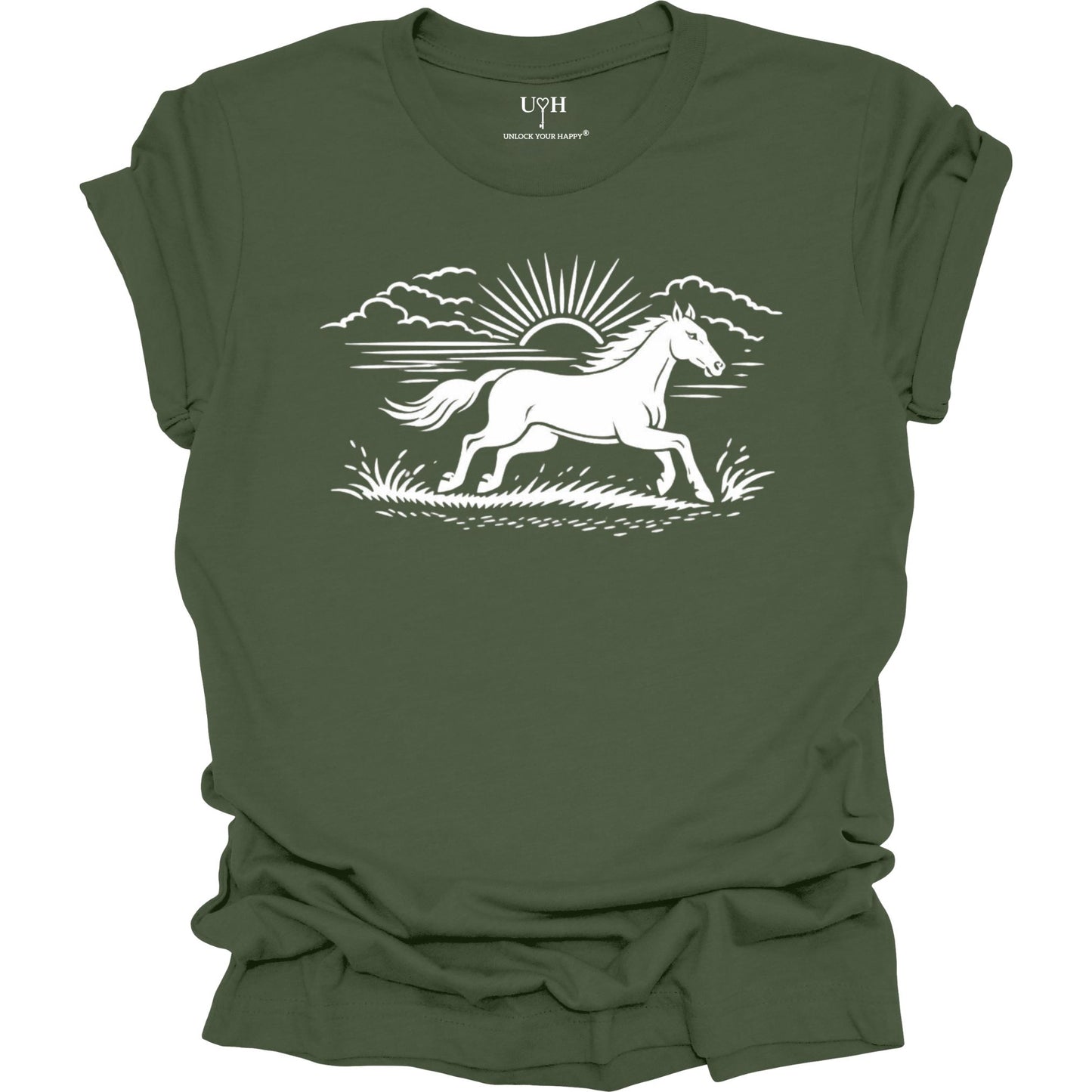 Running horse graphic t-shirt with sunrise nature design, minimalist outdoor inspired unisex green tee