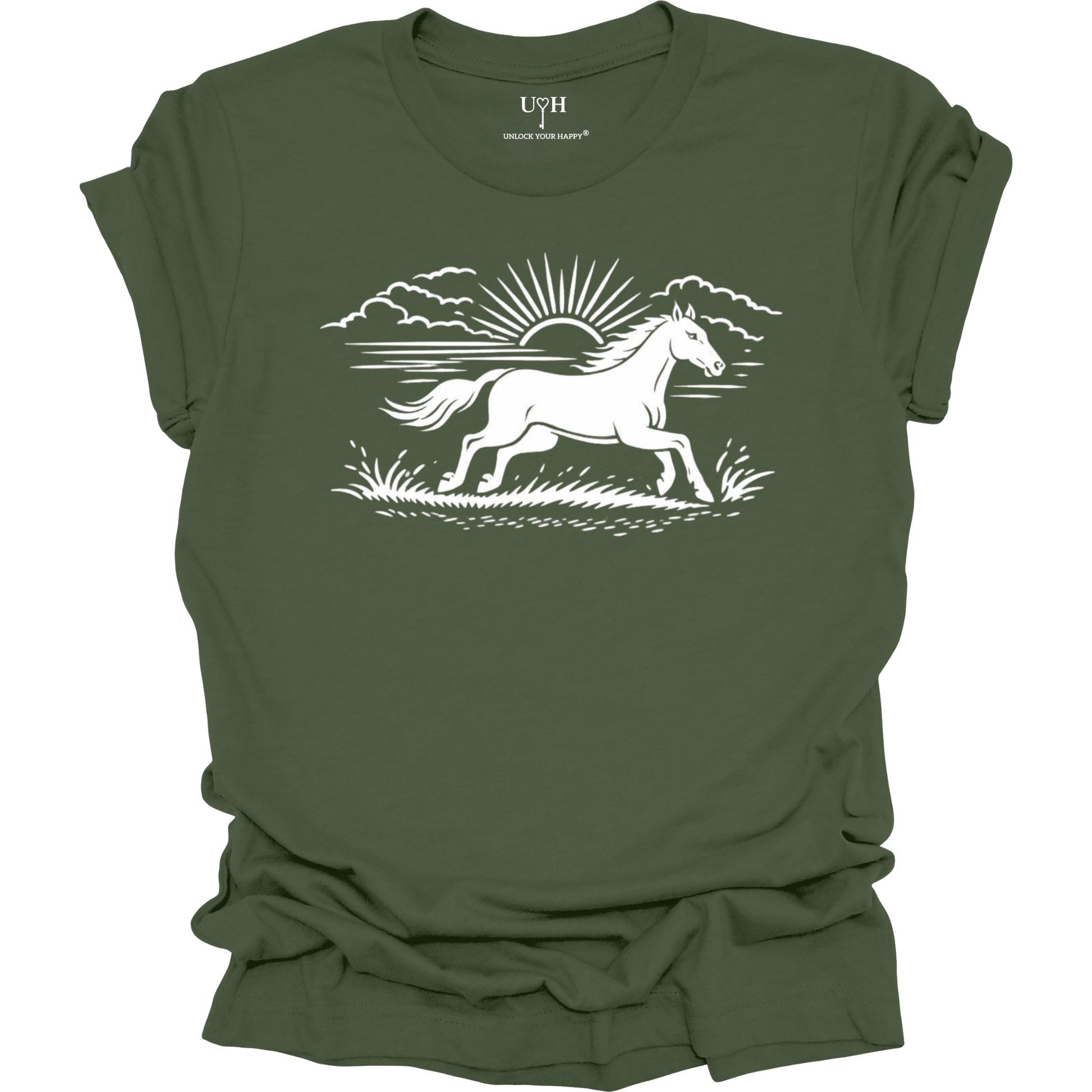 Running horse graphic t-shirt with sunrise nature design, minimalist outdoor inspired unisex green tee
