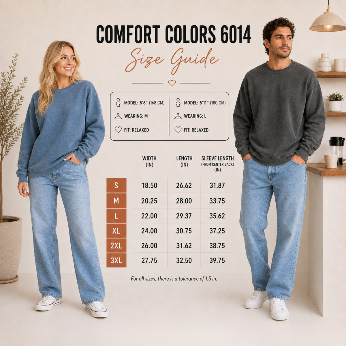 A size guide graphic for Comfort Colors 6014 showing a man and a woman modeling light-wash blue jeans and sweatshirts, with a size chart and fit measurements in the center.