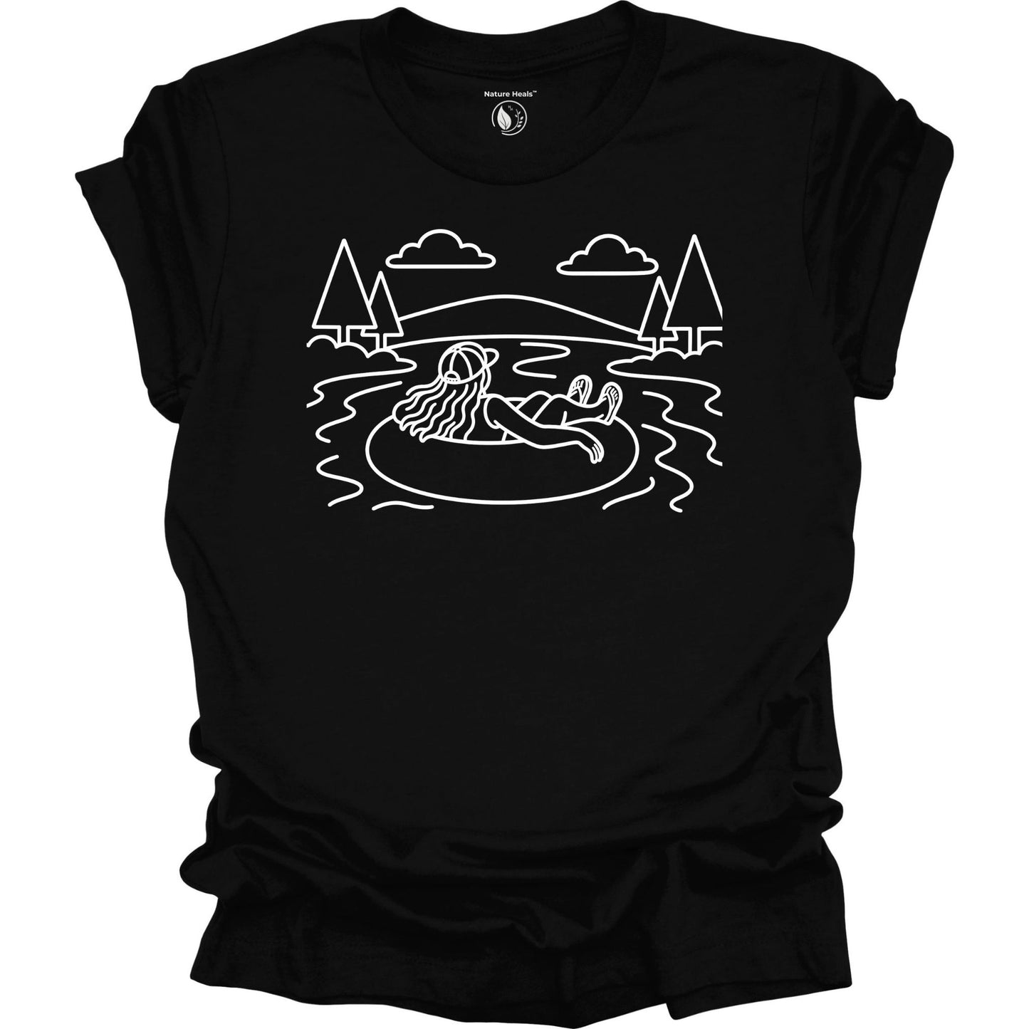 Nature Heals river tubing graphic black t-shirt with minimalist outdoor water and tree line art design