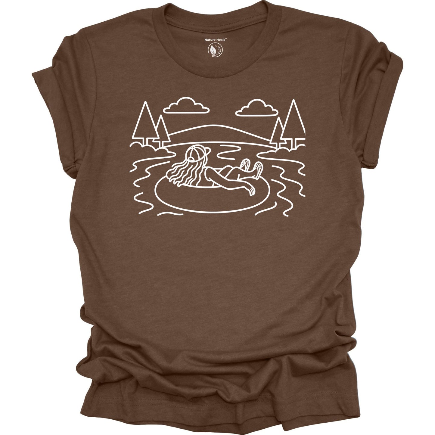 Nature Heals river tubing graphic brown t-shirt with minimalist outdoor water and tree line art design