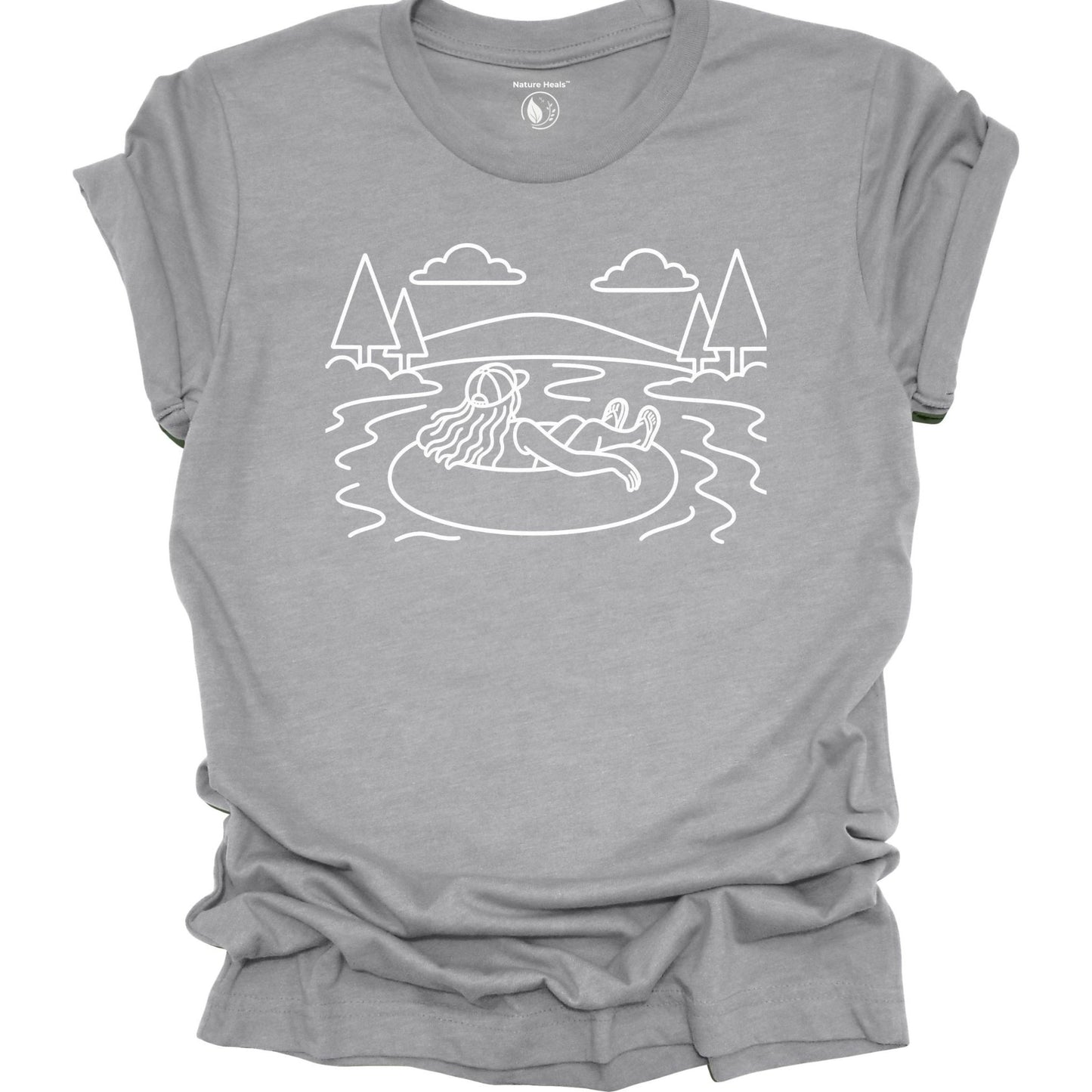 Nature Heals river tubing gray graphic t-shirt with minimalist outdoor water and tree line art design