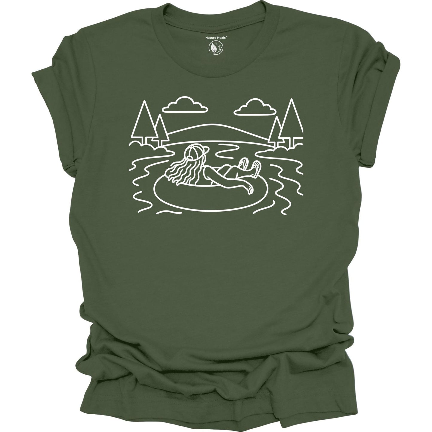 Nature Heals river tubing graphic green t-shirt with minimalist outdoor water and tree line art design