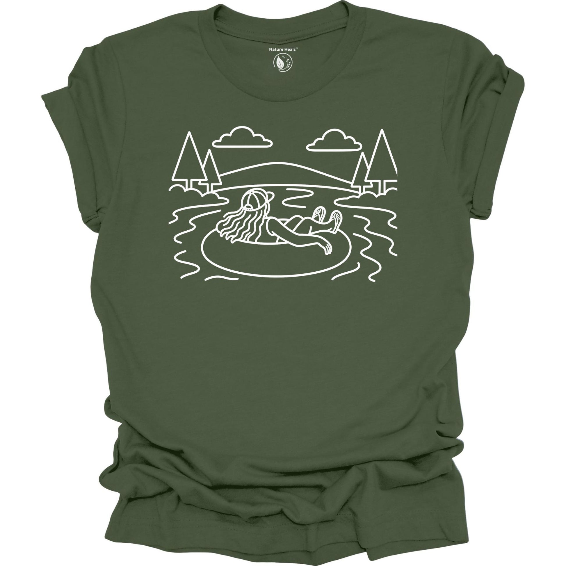 Nature Heals river tubing graphic green t-shirt with minimalist outdoor water and tree line art design