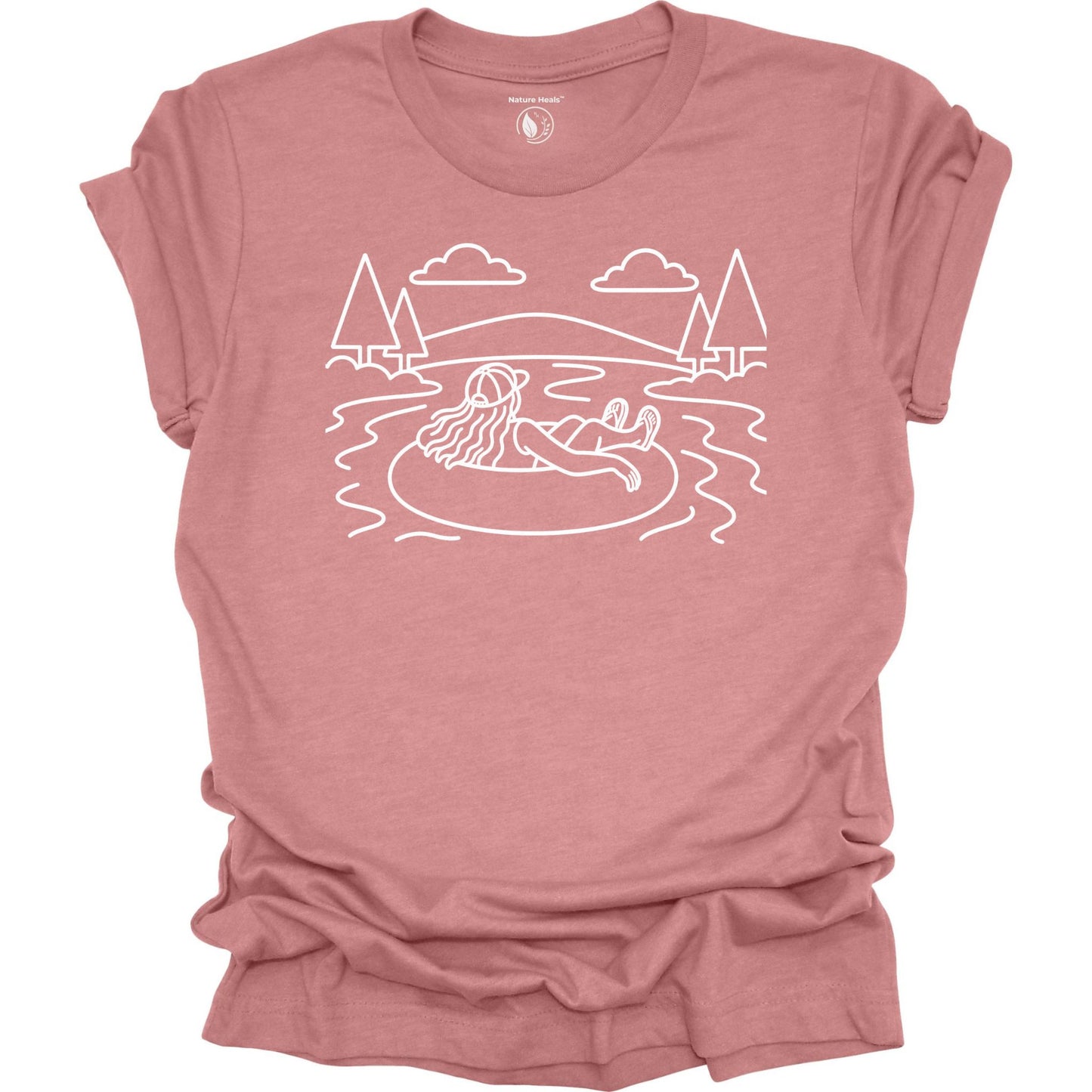 Nature Heals river tubing graphic mauve t-shirt with minimalist outdoor water and tree line art design