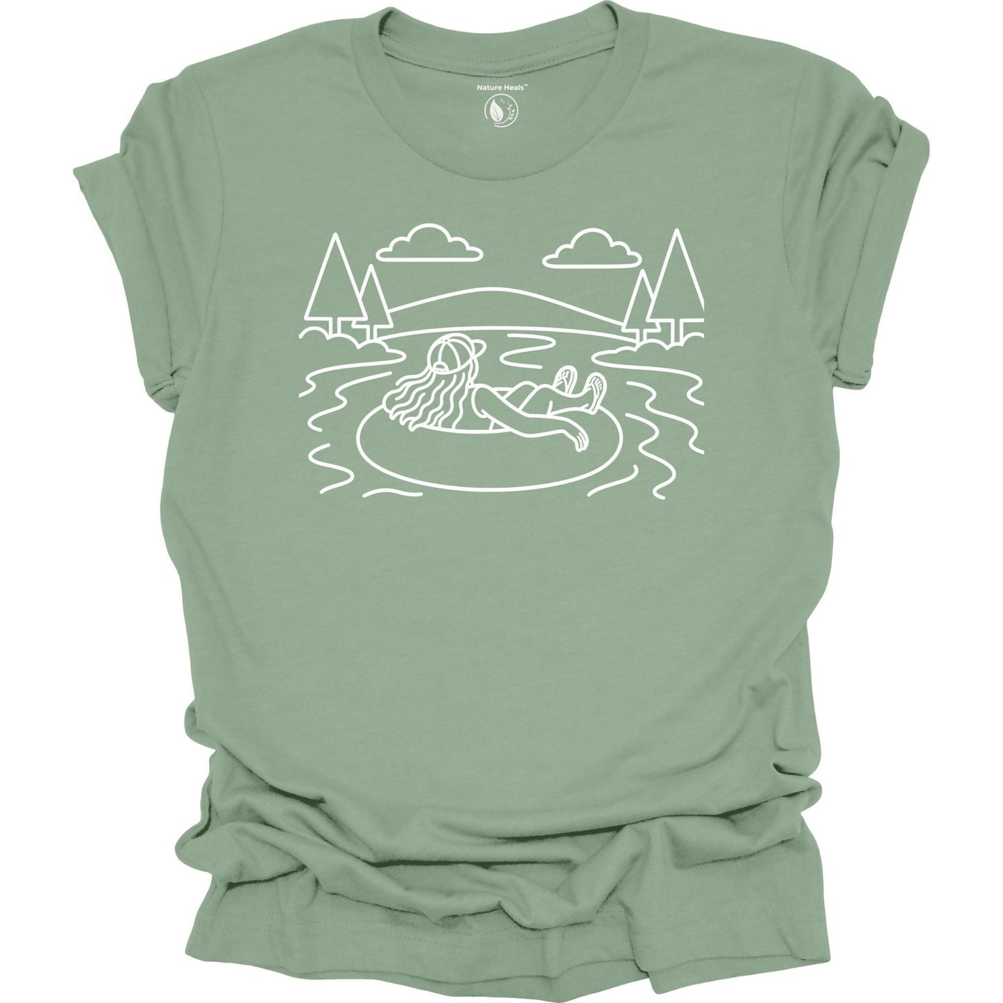 Nature Heals river tubing graphic sage t-shirt with minimalist outdoor water and tree line art design