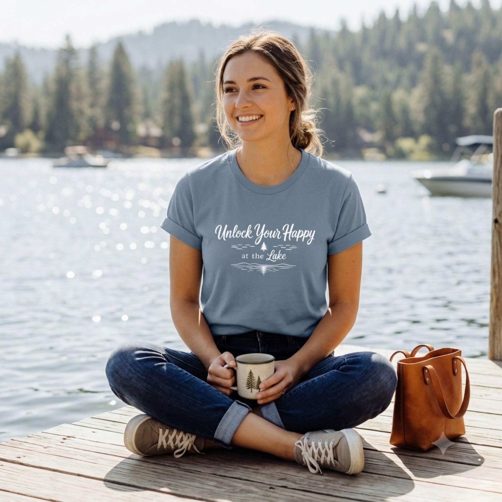 A woman sits cross-legged on a wooden dock by a lake, wearing a light blue graphic T-shirt that reads 'Unlock Your Happy at the Lake' in white script. She holds a mug, with a brown leather tote bag beside her and a forested shoreline in the background.