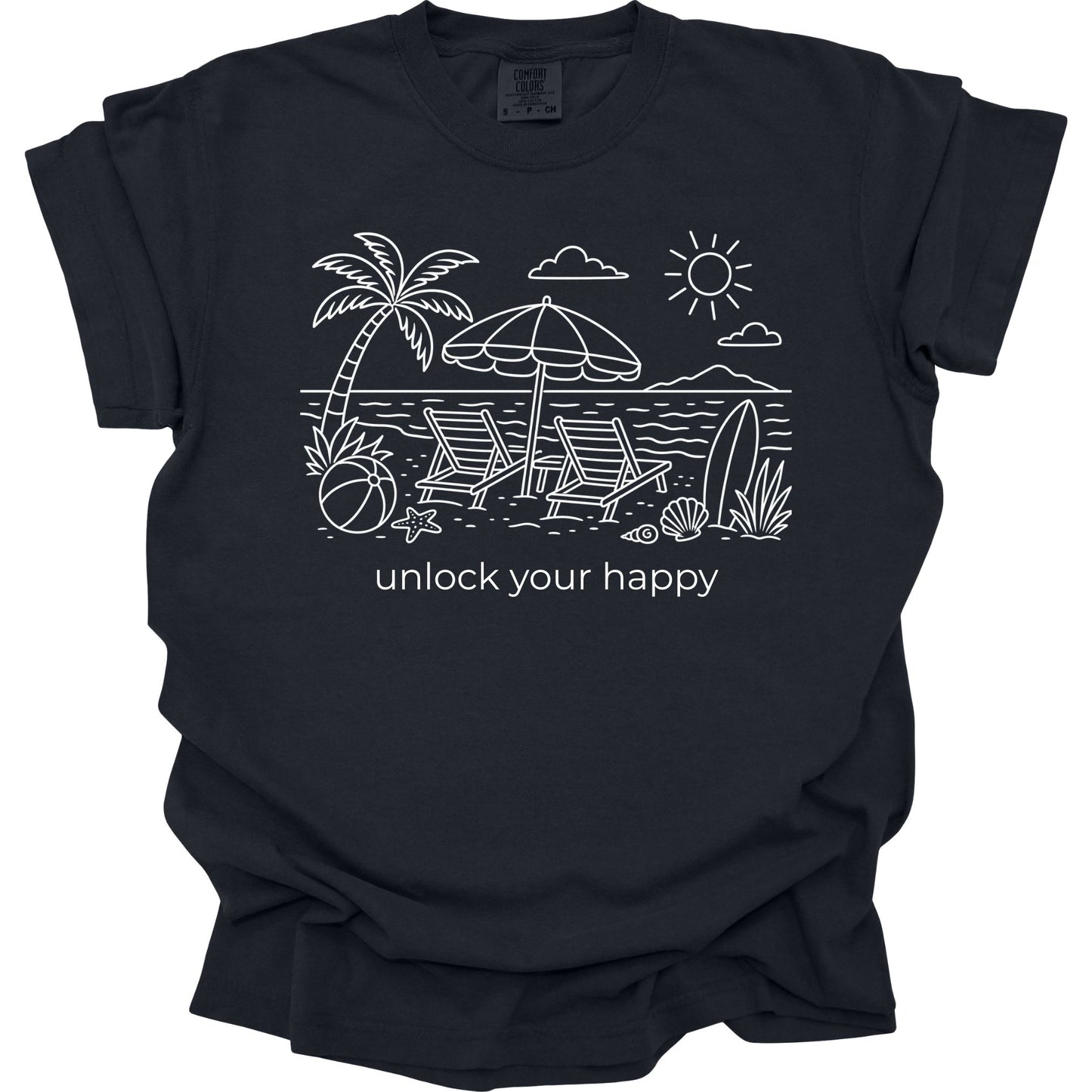 Black t-shirt with beach graphic and 'unlock your happy' text on a white background