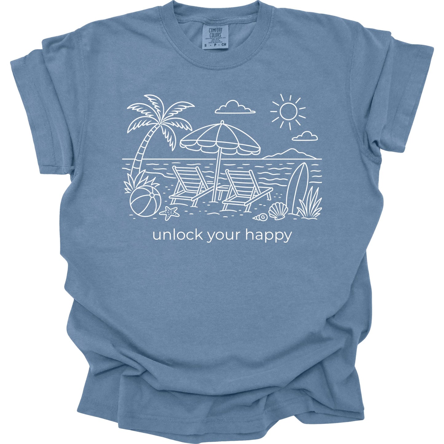 Blue t-shirt with beach graphic and 'unlock your happy' text on a white background