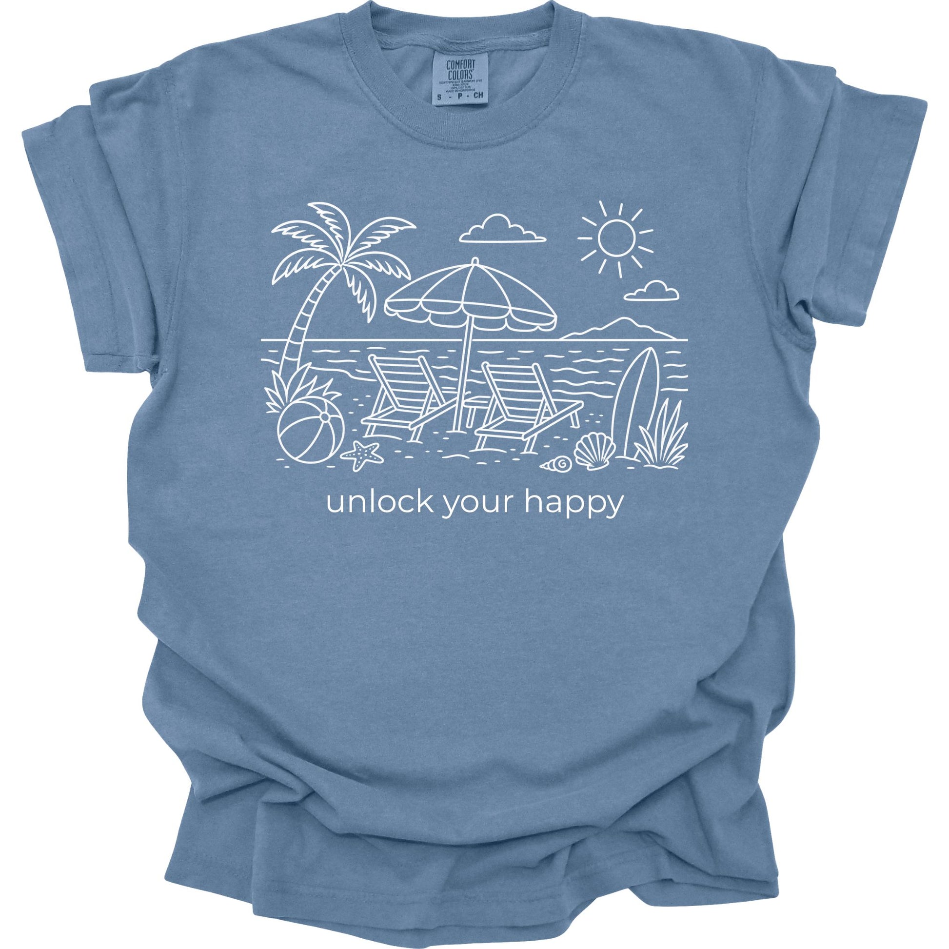 Blue t-shirt with beach graphic and 'unlock your happy' text on a white background