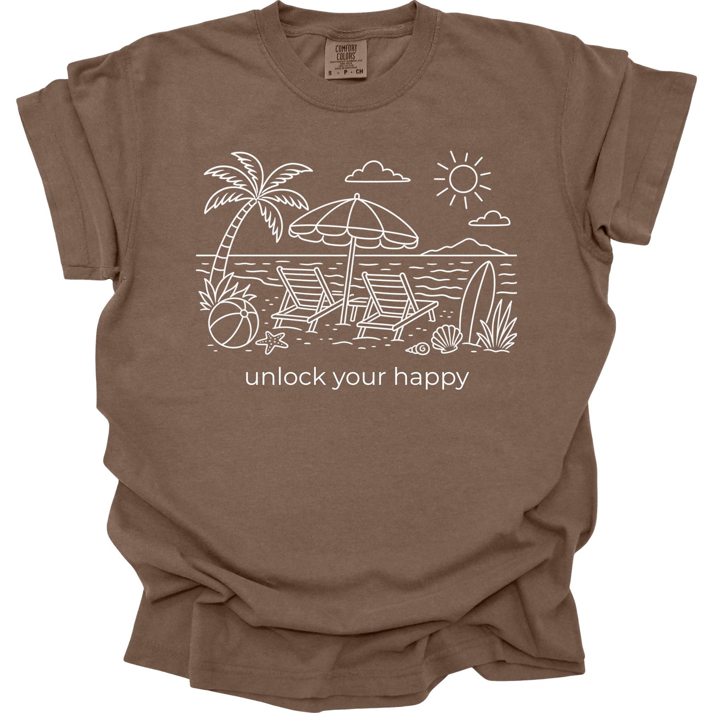 Brown t-shirt with beach graphic and 'unlock your happy' text on a white background