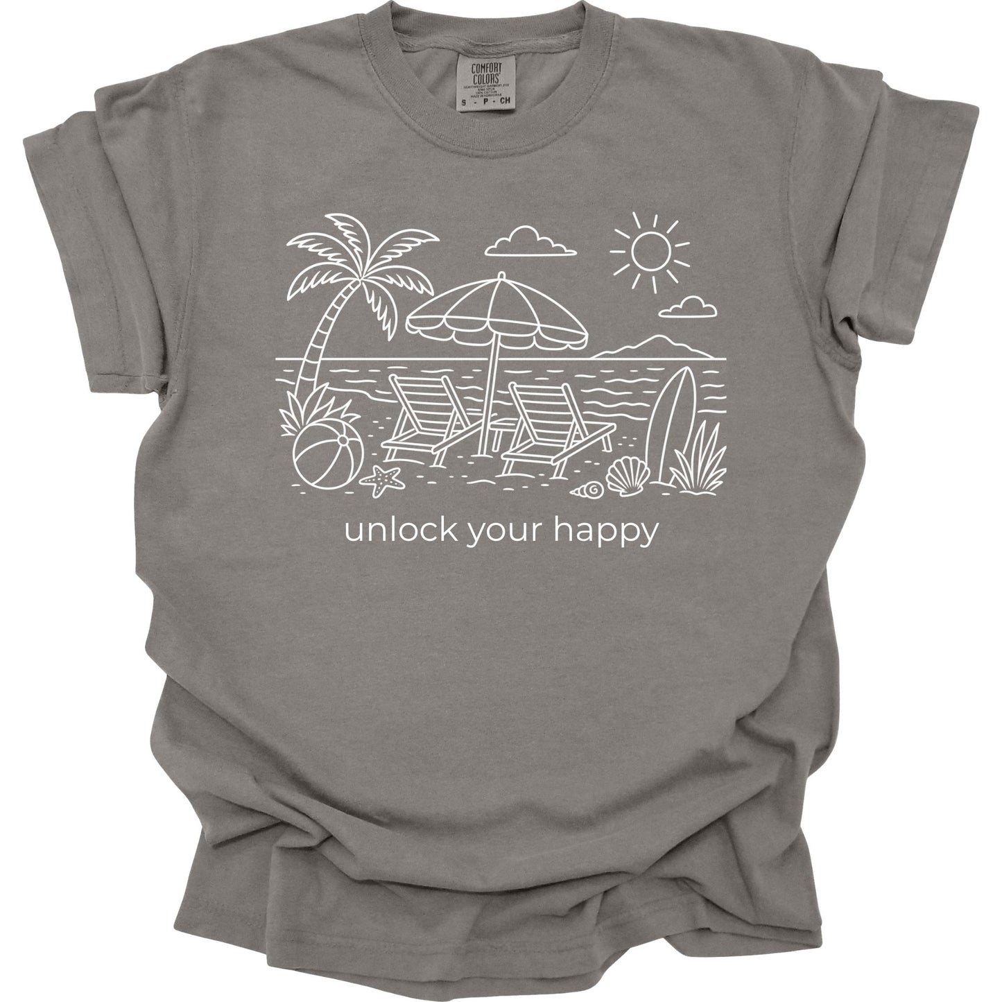 Gray t-shirt with beach graphic and 'unlock your happy' text on a white background