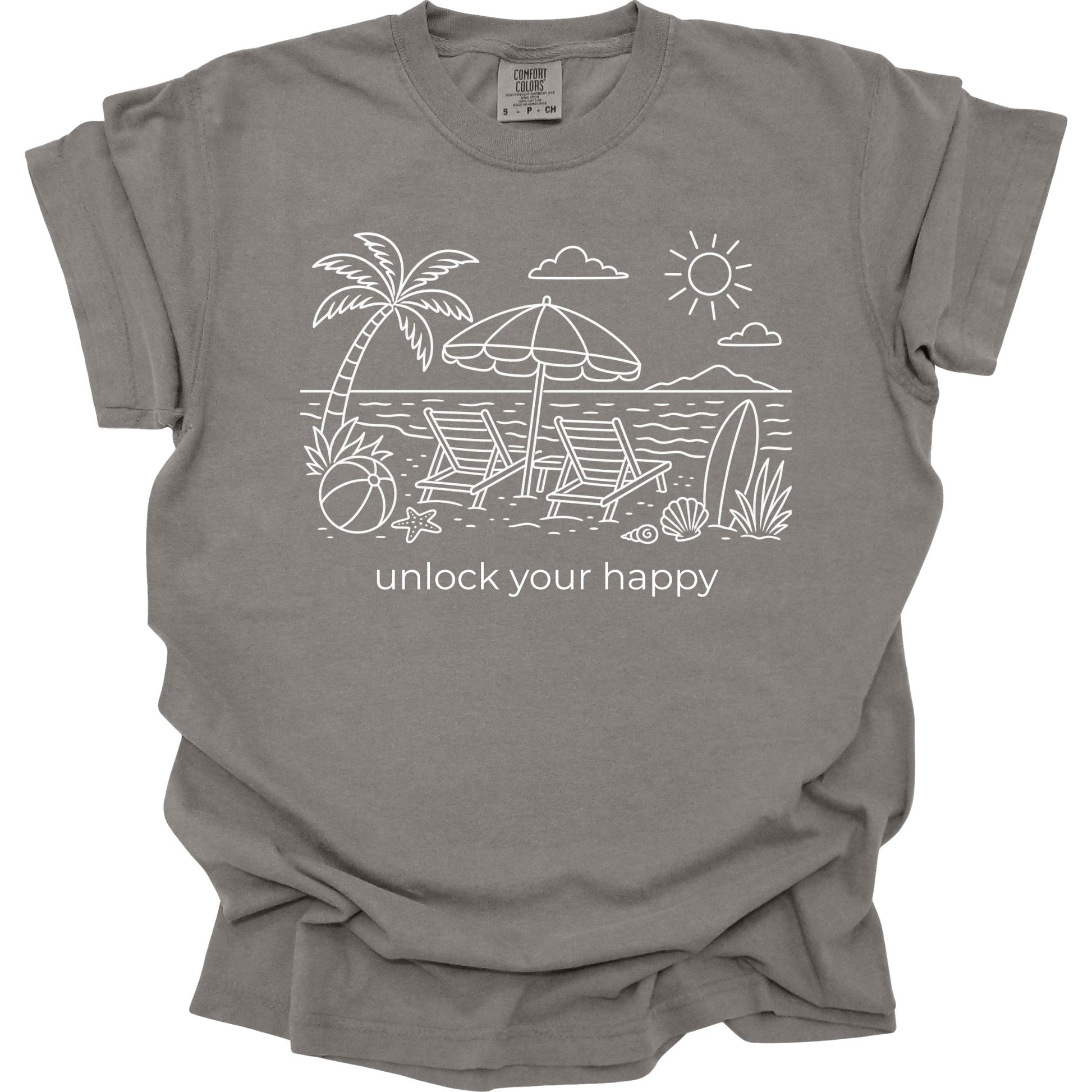 Gray t-shirt with beach graphic and 'unlock your happy' text on a white background