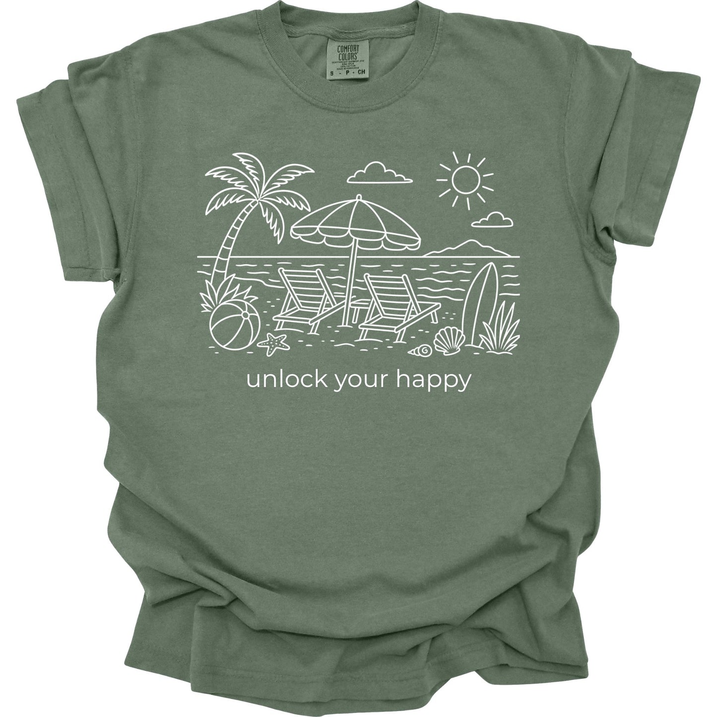 Moss colored t-shirt with beach graphic and 'unlock your happy' text on a white background
