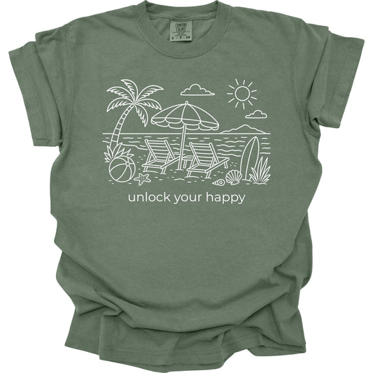 Moss colored t-shirt with beach graphic and 'unlock your happy' text on a white background