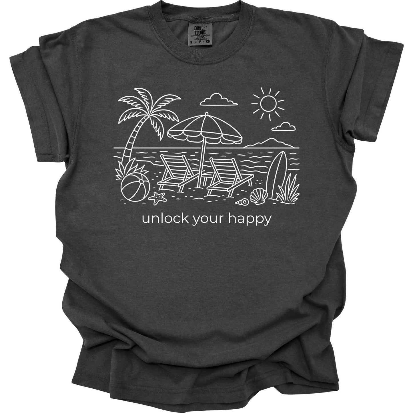 Pepper colored t-shirt with a beach graphic and 'unlock your happy' text on a white background