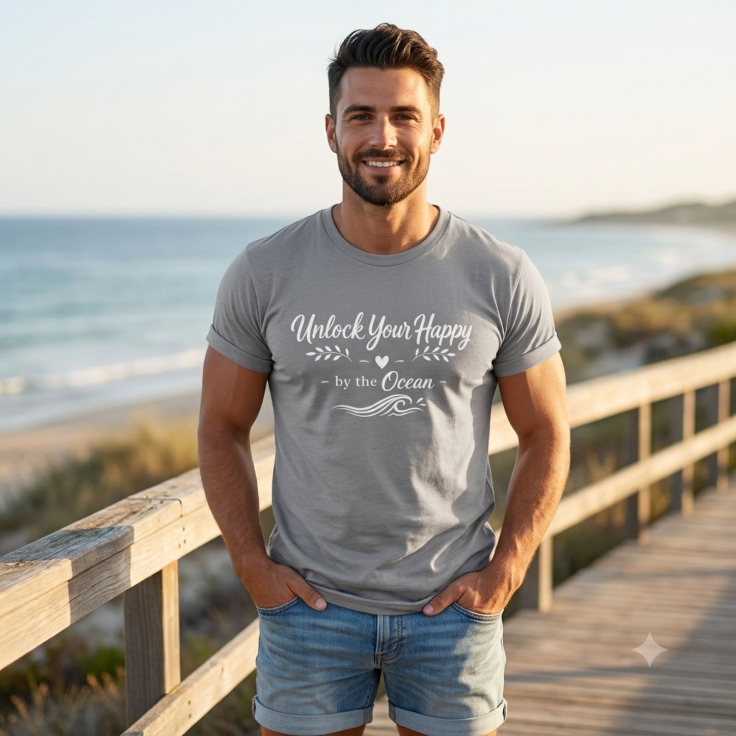Man wearing a t-shirt with 'Unlock Your Happy by the Ocean' text on a beach.