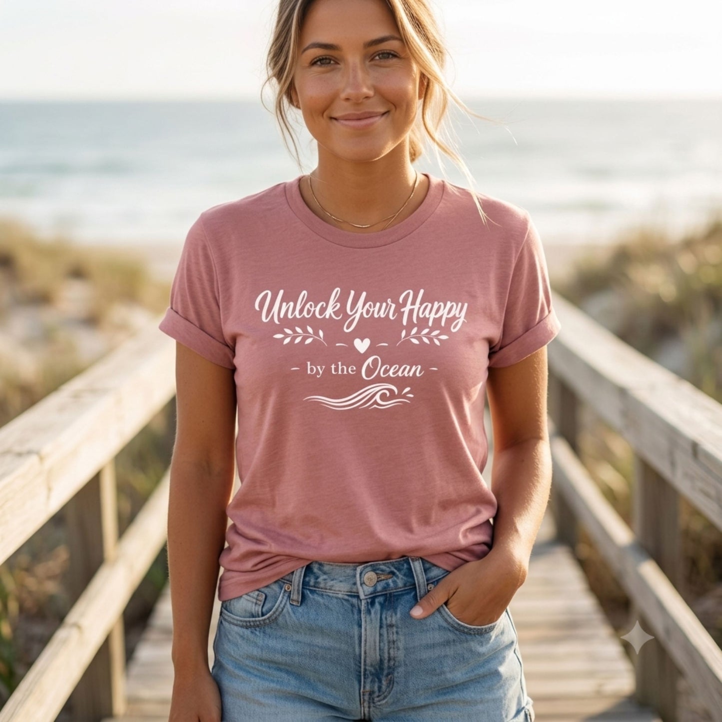 Woman wearing a mauve t-shirt with 'Unlock Your Happy by the Ocean' text on a wooden walkway by the beach.
