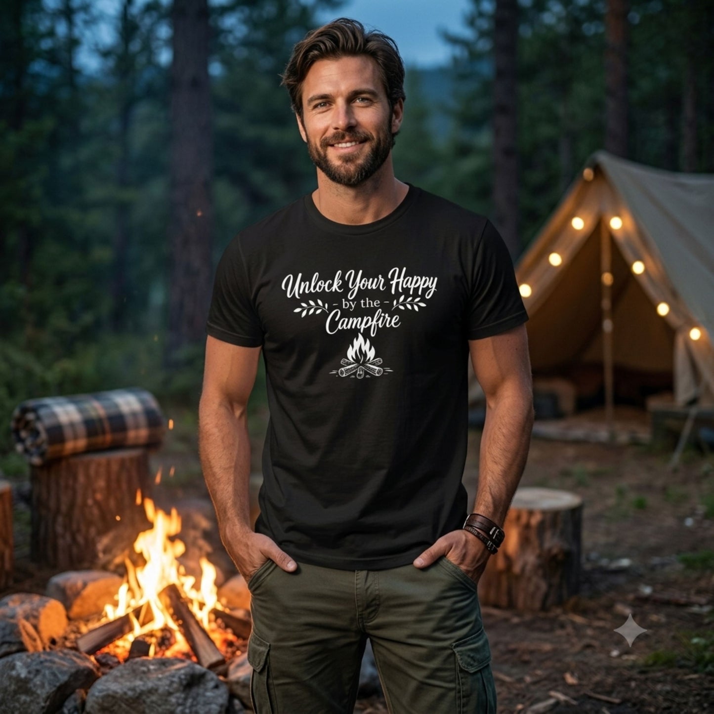 Man wearing a black t-shirt with a campfire-themed design and Unlock Your Happy by the Campfire text, standing by a campfire in a forest setting.