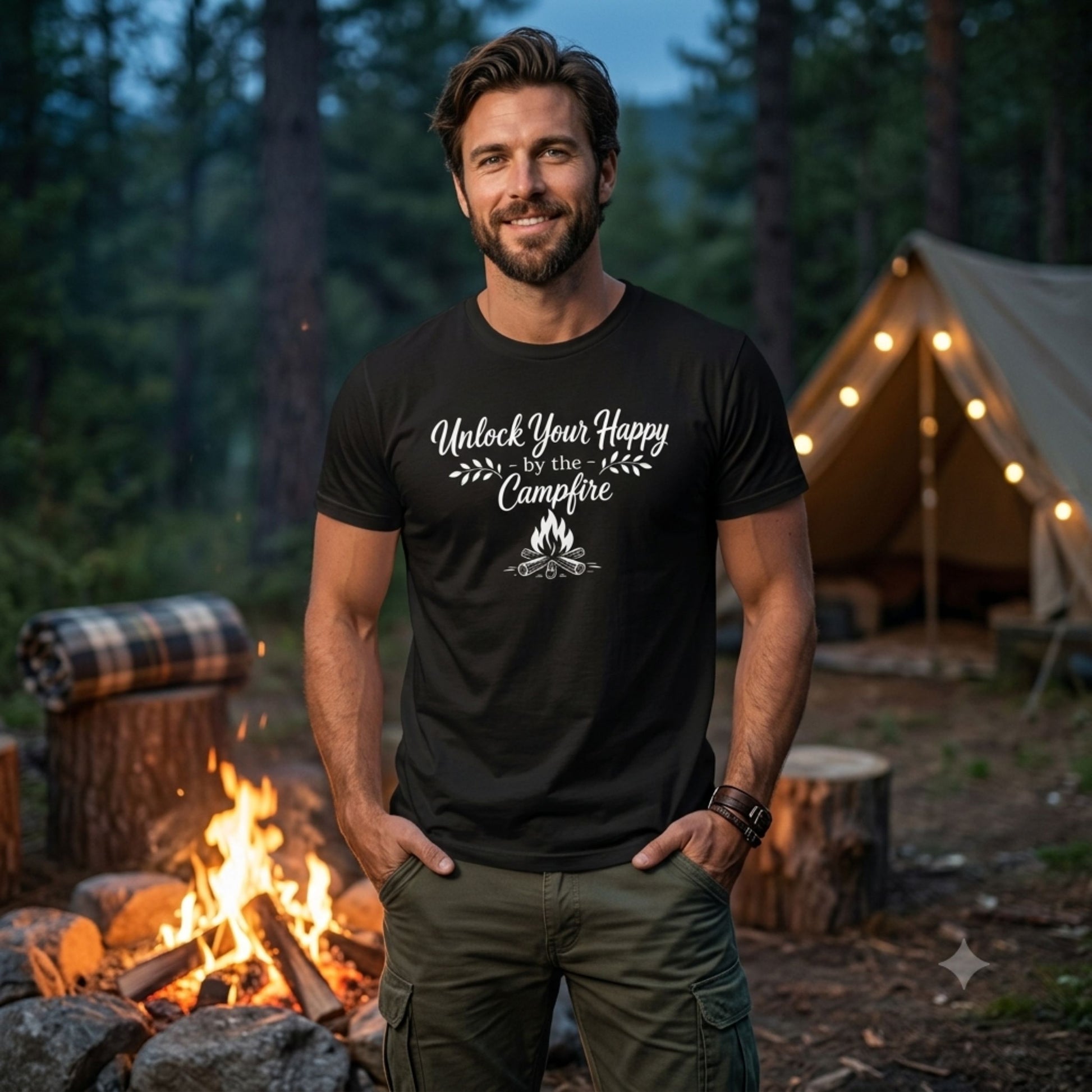 Man wearing a black t-shirt with a campfire-themed design and Unlock Your Happy by the Campfire text, standing by a campfire in a forest setting.