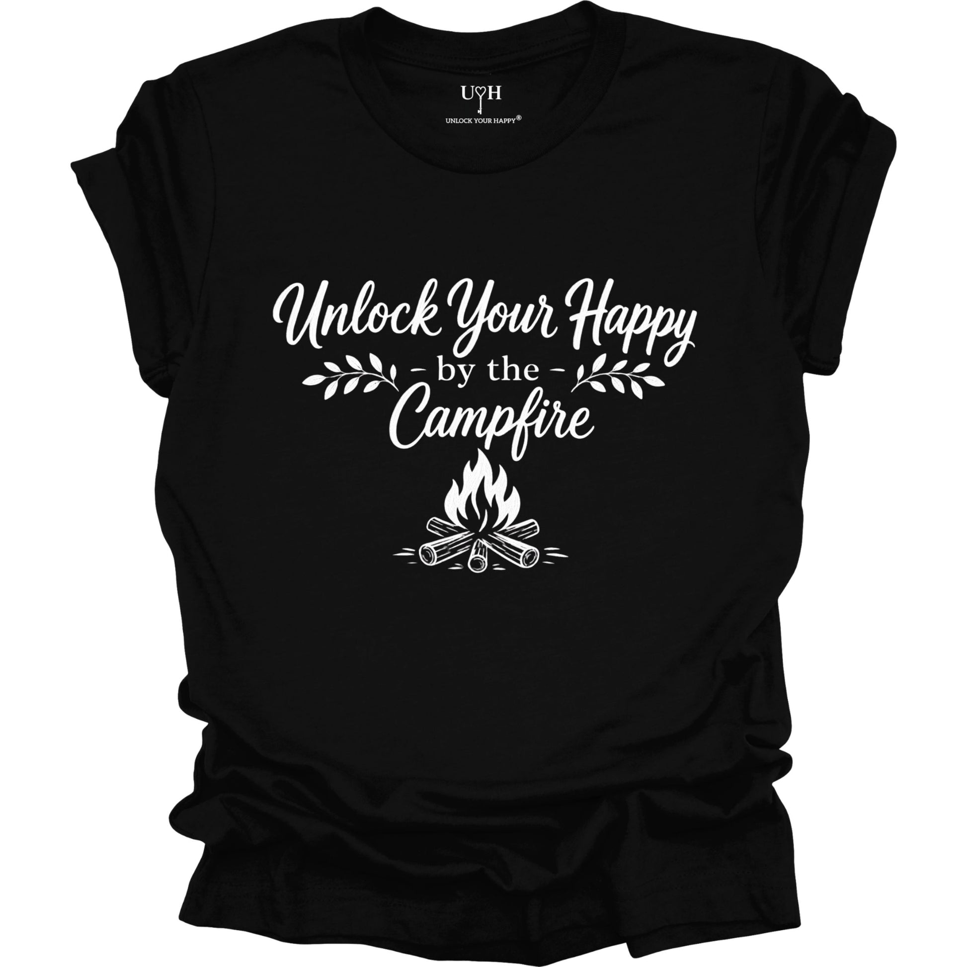 Black t-shirt with 'Unlock Your Happy by the Campfire' text and graphic on a white background