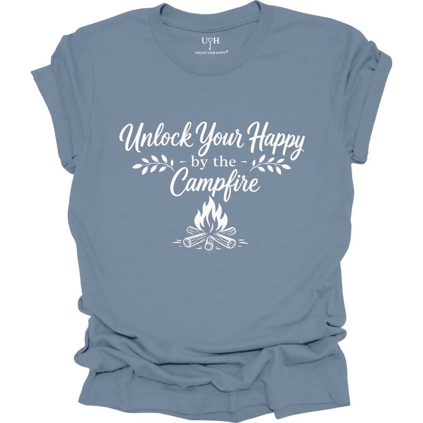 Blue t-shirt with 'Unlock Your Happy by the Campfire' text and graphic on a white background