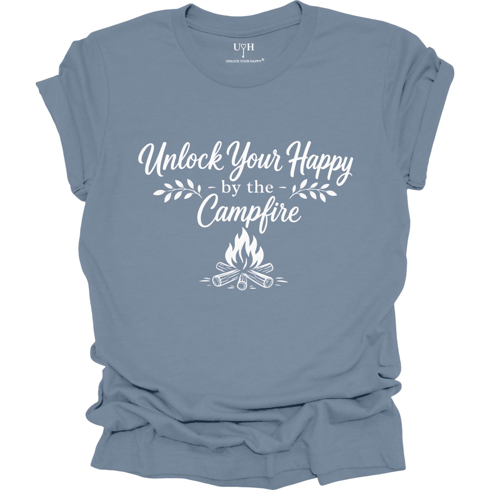 Blue t-shirt with 'Unlock Your Happy by the Campfire' text and graphic on a white background