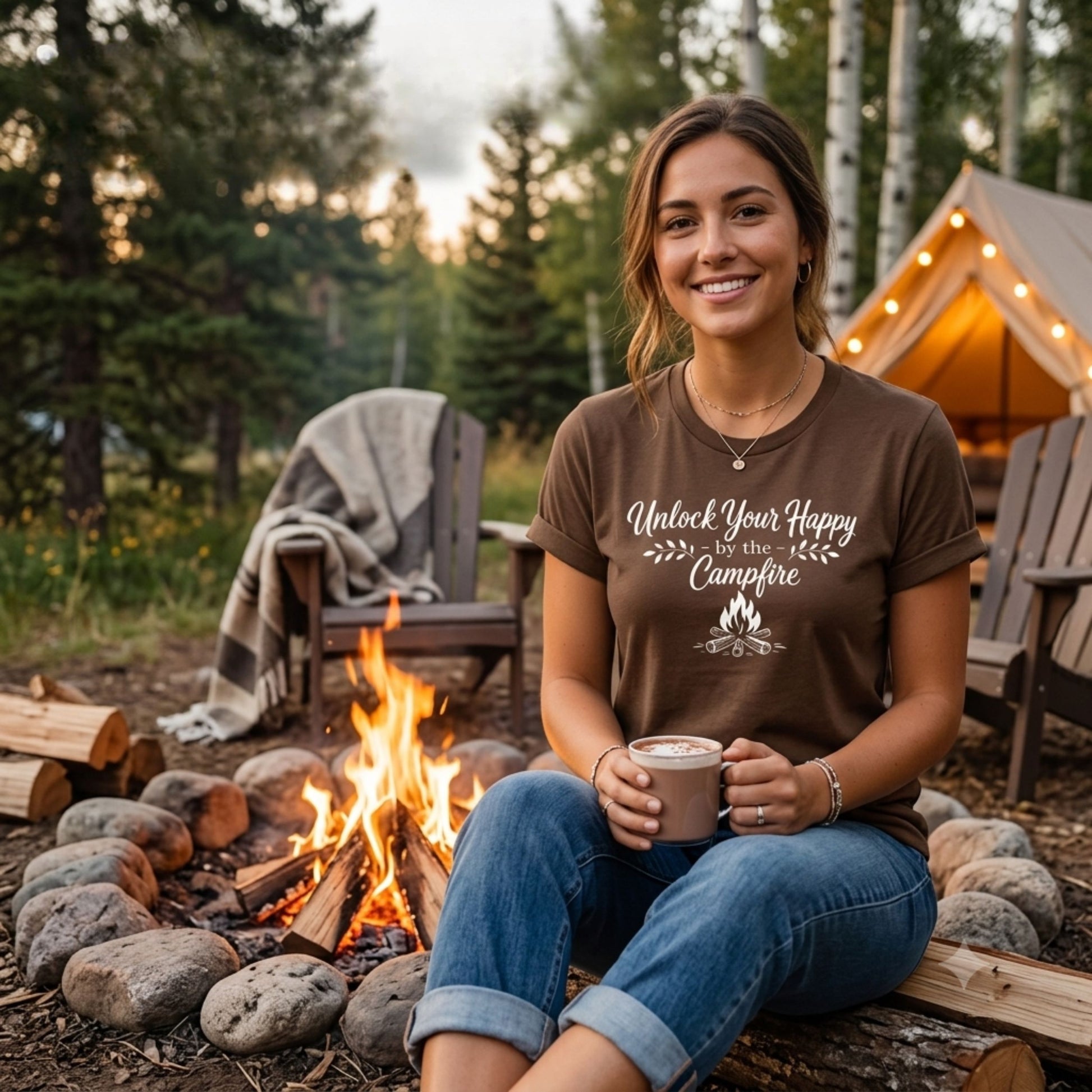 Woman sitting by a campfire wearing a brown t-shirt with Unlock Your Happy by the Campfire text, surrounded by camping gear and a tent.