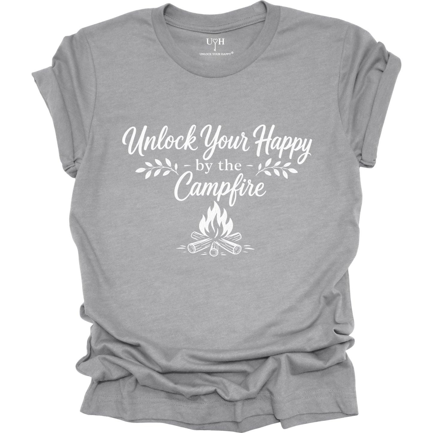 Gray t-shirt with 'Unlock Your Happy by the Campfire' text and graphic on a white background