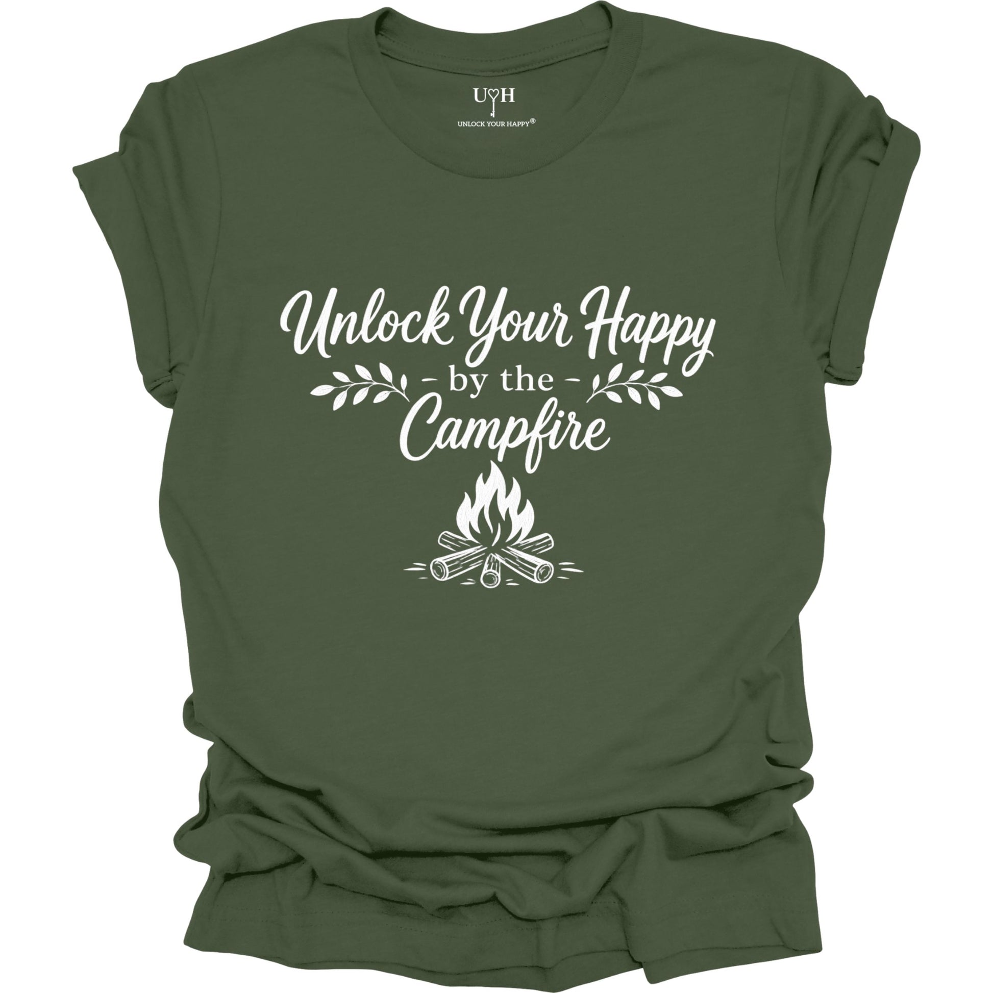 Green t-shirt with 'Unlock Your Happy by the Campfire' text and graphic on a white background