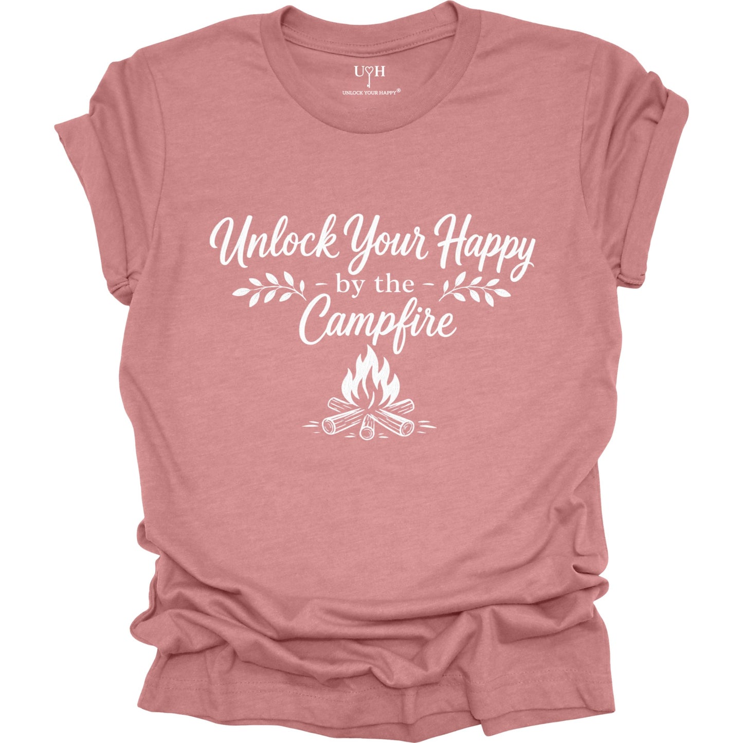 Mauve t-shirt with 'Unlock Your Happy by the Campfire' text and graphic on a white background