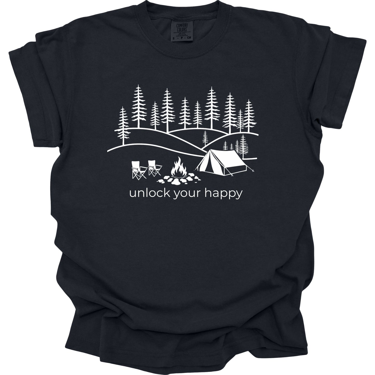 Black t-shirt with white camping graphic and text 'unlock your happy' on a white background
