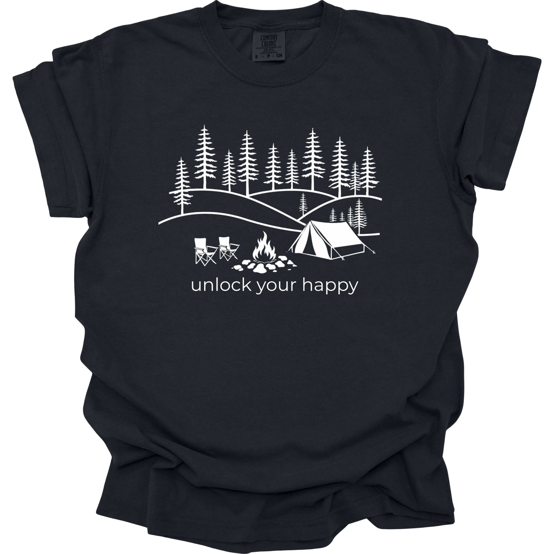 Black t-shirt with white camping graphic and text 'unlock your happy' on a white background