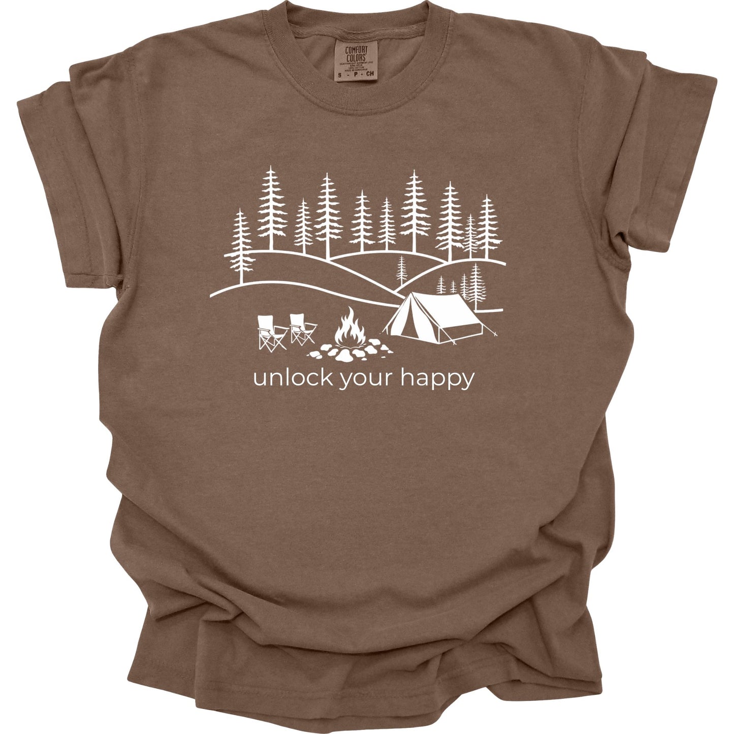 Brown t-shirt with white camping graphic and text 'unlock your happy' on a white background