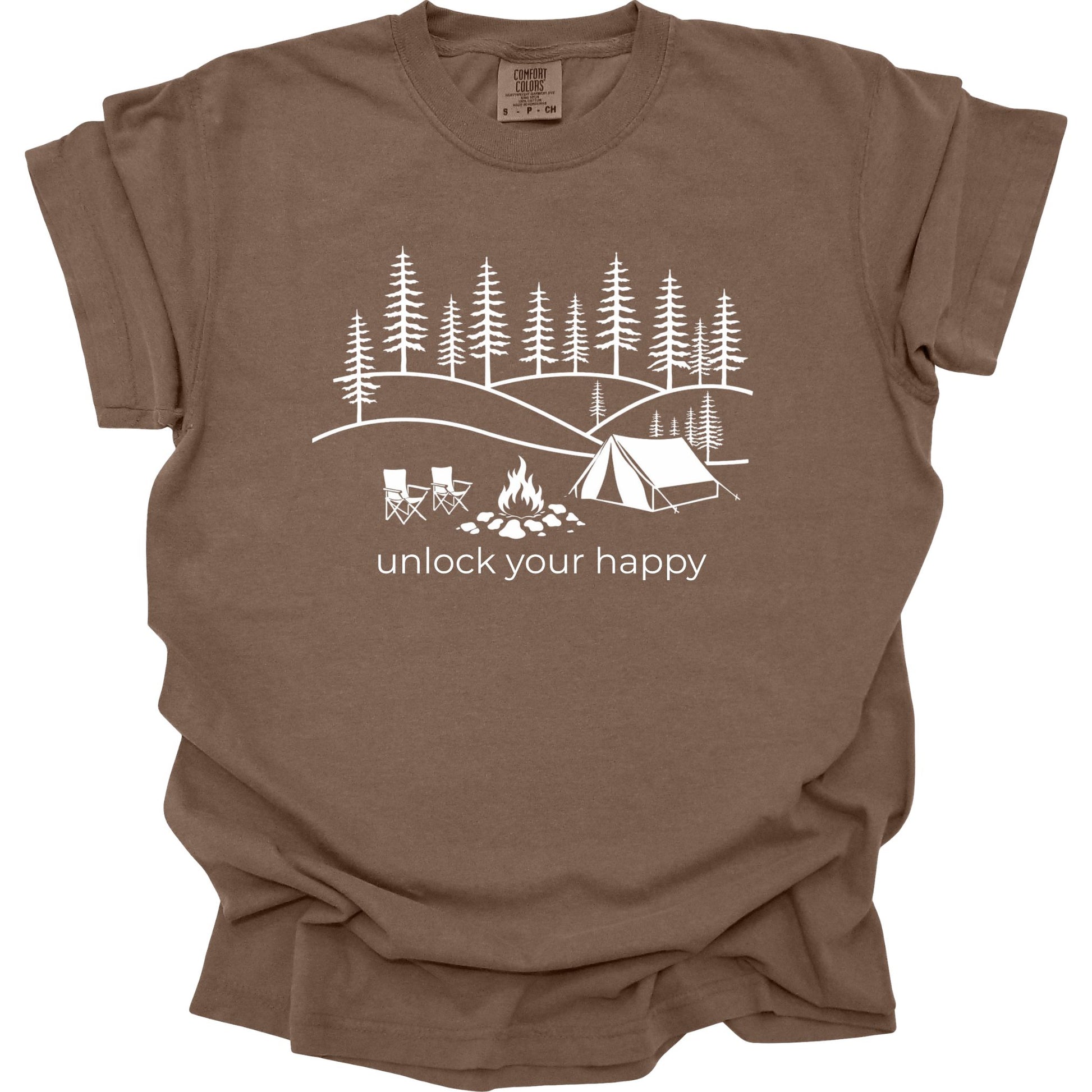 Brown t-shirt with white camping graphic and text 'unlock your happy' on a white background