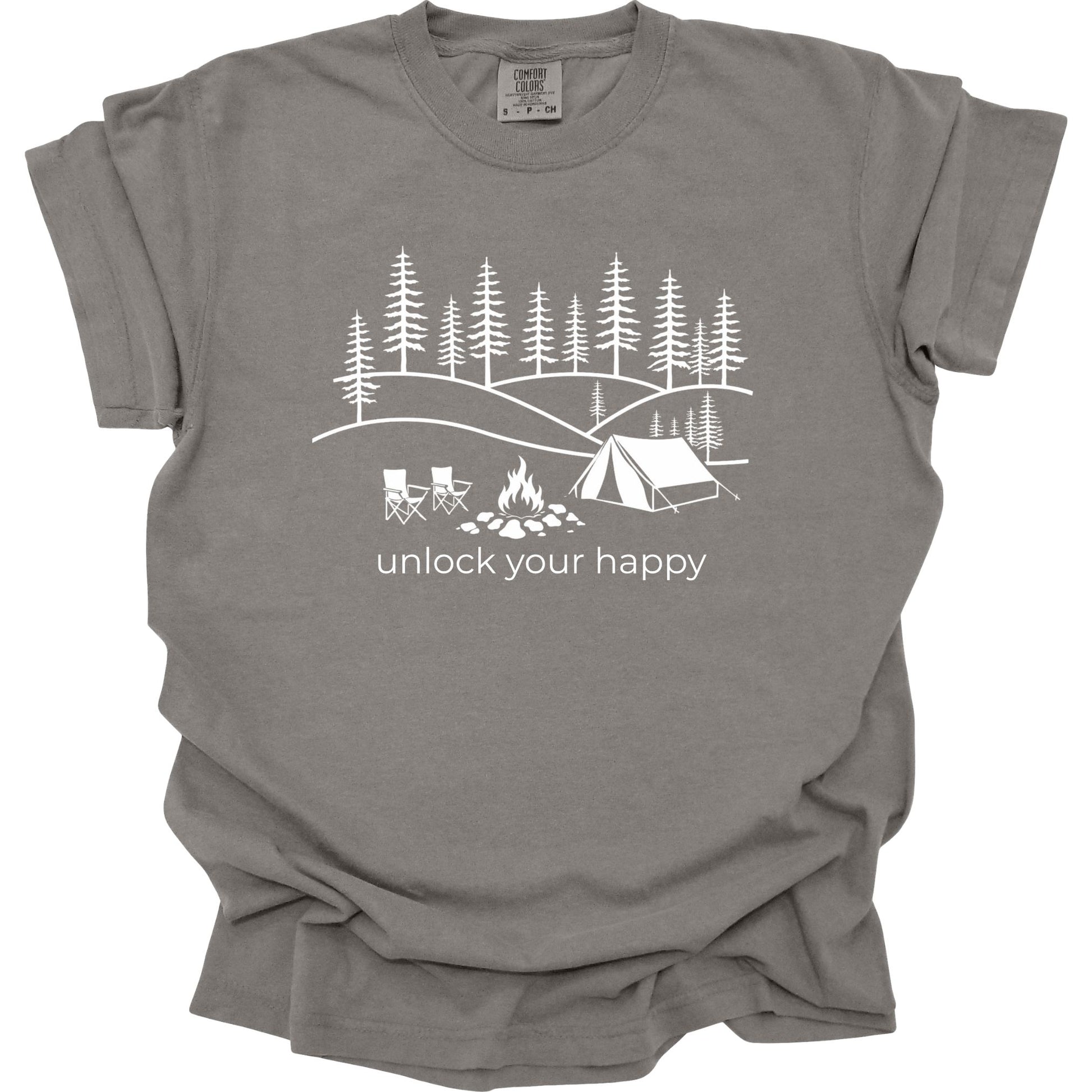 Gray t-shirt with a camping graphic and 'unlock your happy' text on a white background