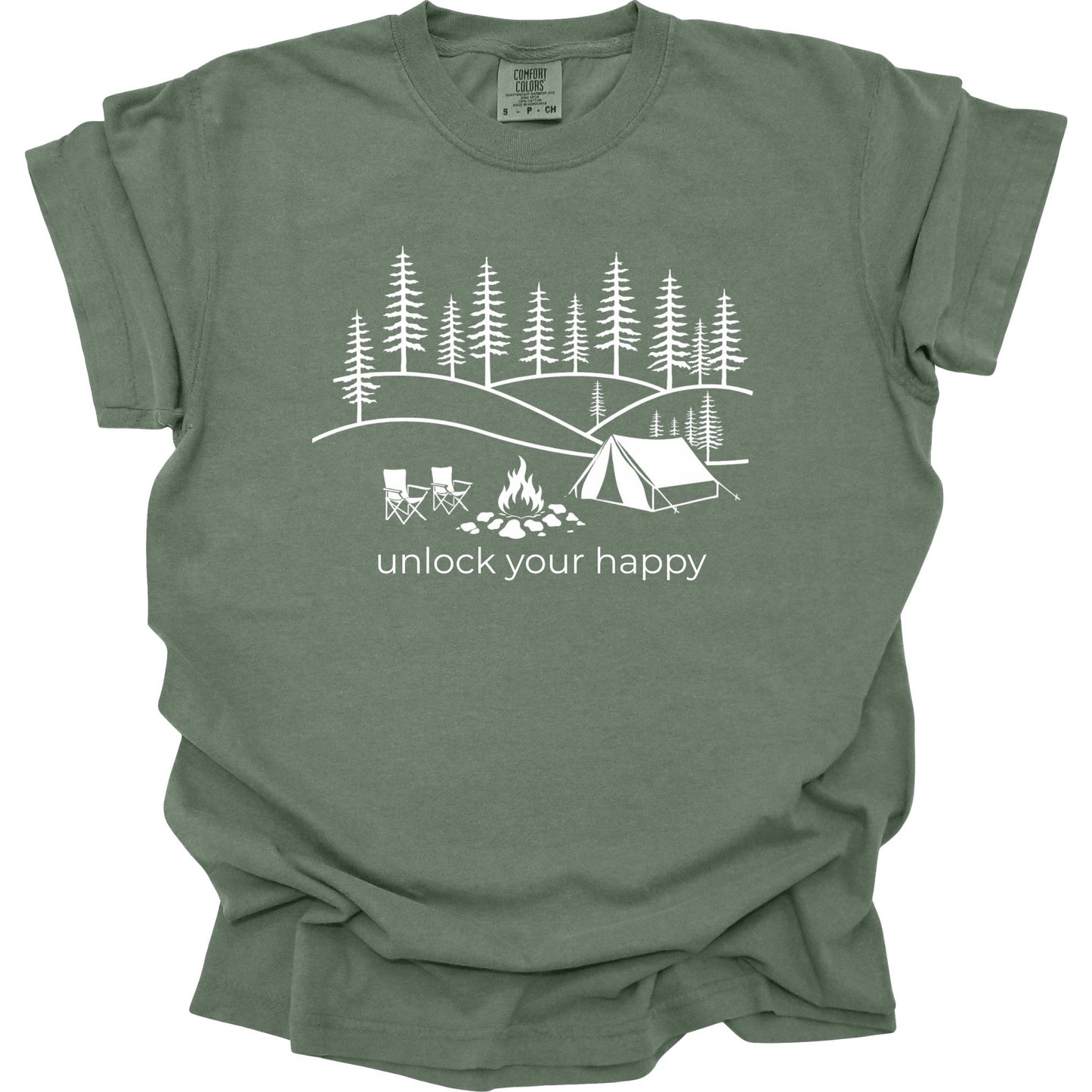 Moss green t-shirt with white camping graphic and text 'unlock your happy' on a white background