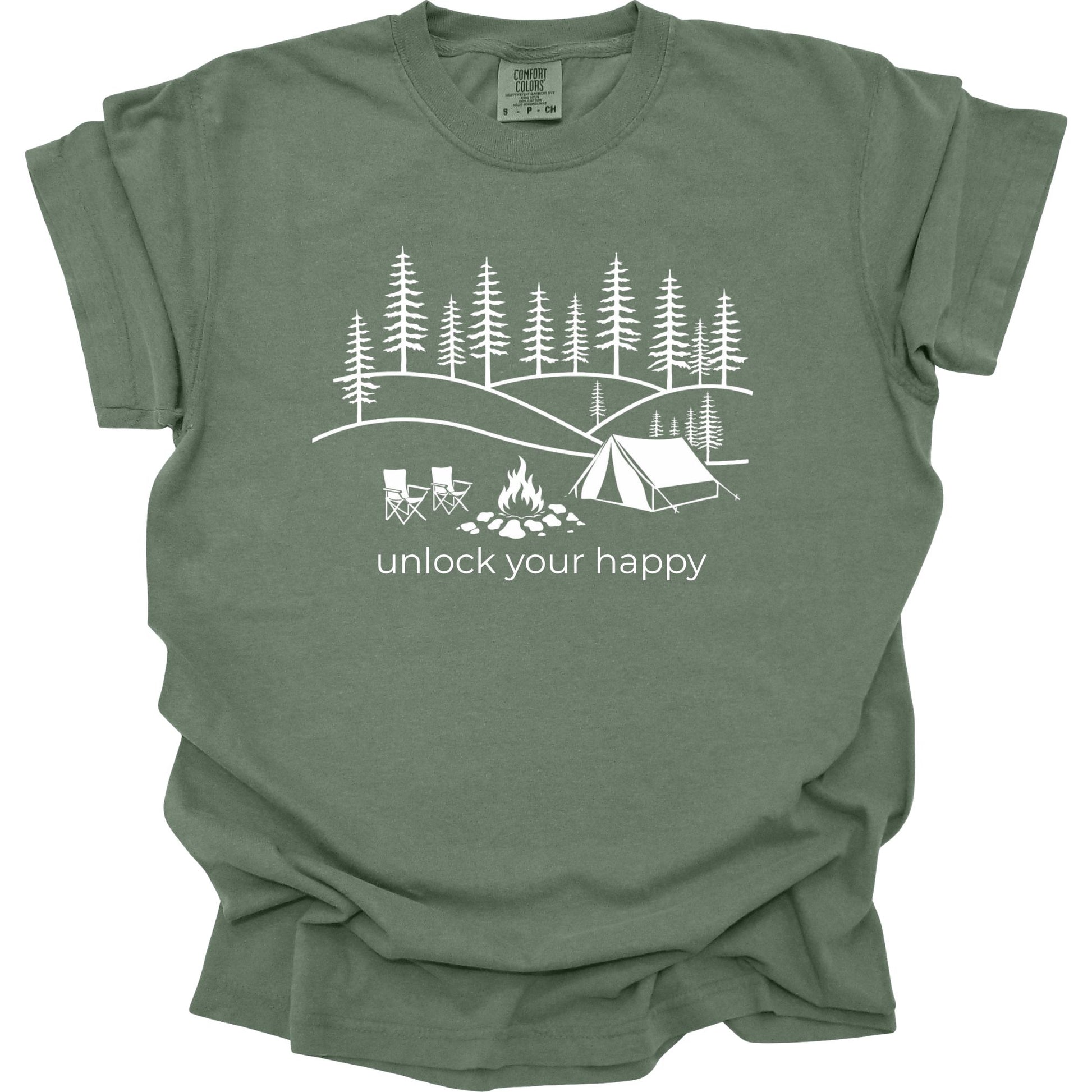 Moss green t-shirt with white camping graphic and text 'unlock your happy' on a white background