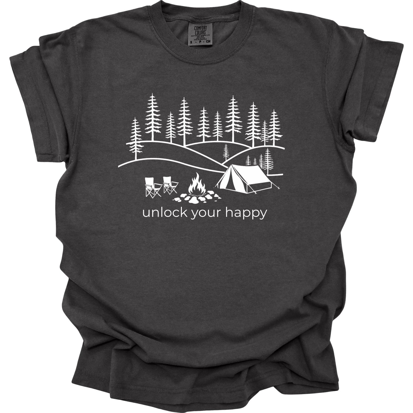 Pepper colored  t-shirt with white camping graphic and text 'unlock your happy' on a white background