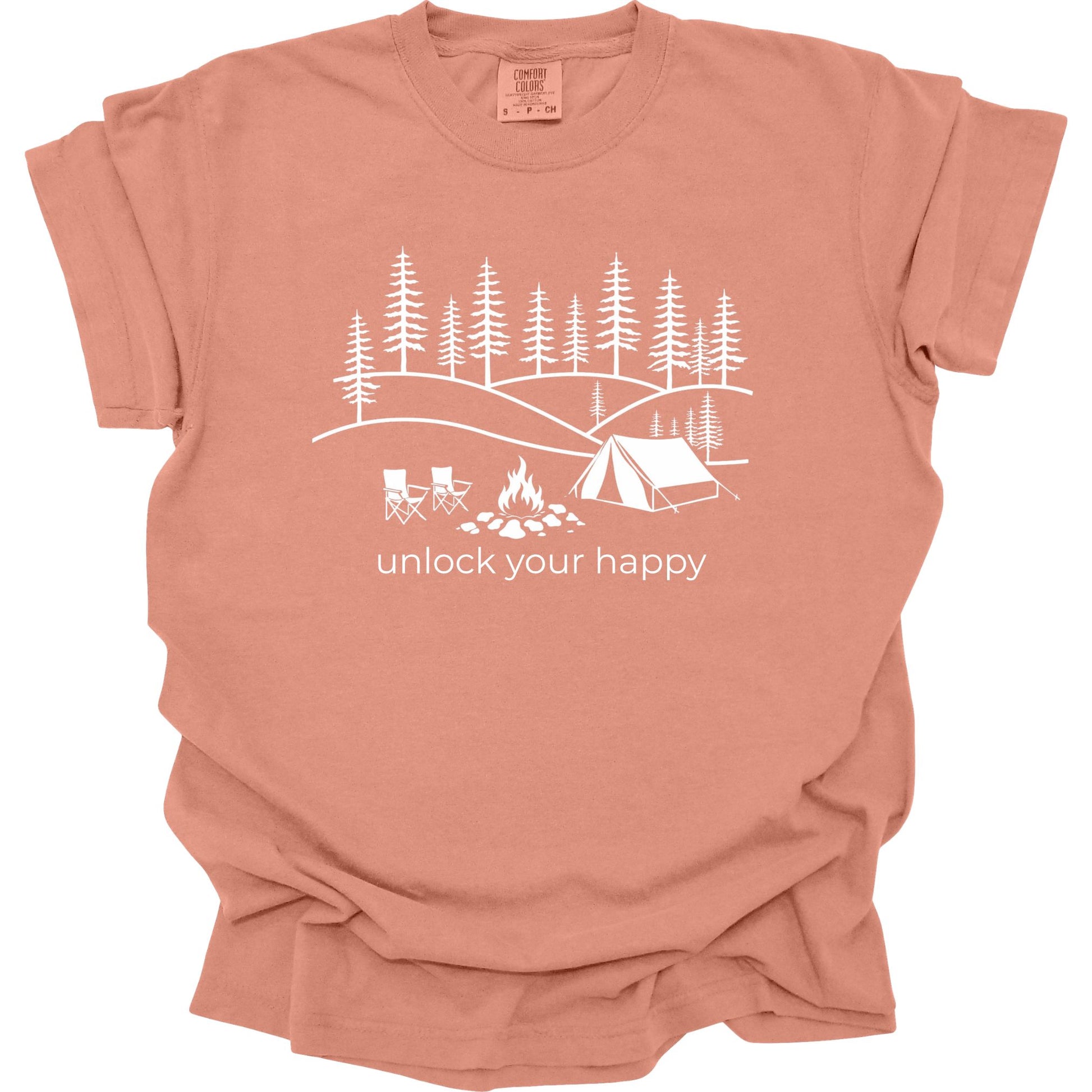 Terracotta t-shirt with a white camping graphic and unlock your happy text on a white background