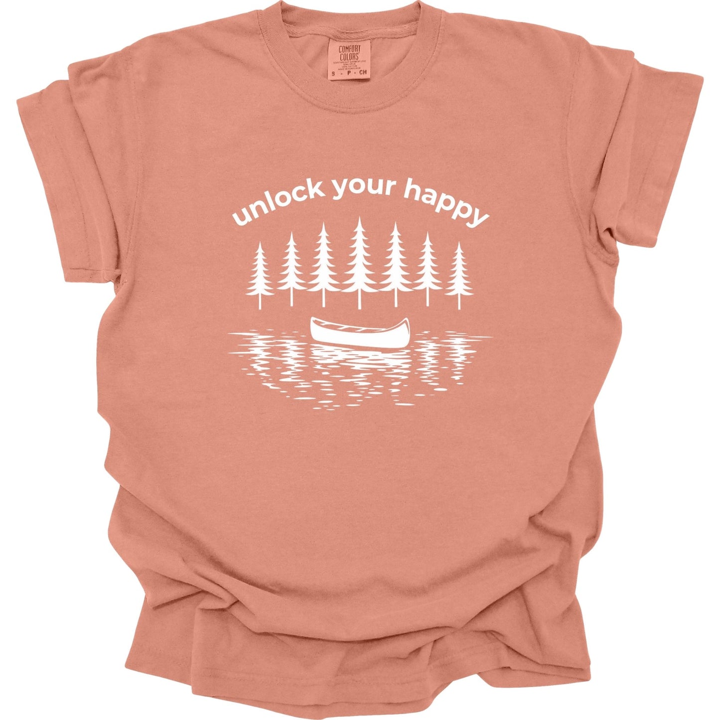 Terracotta t-shirt with nature-themed graphic and 'unlock your happy' text on a white background