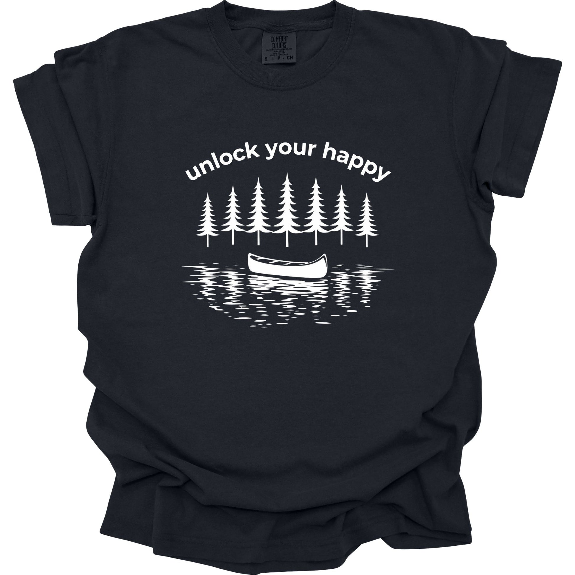 Black t-shirt with white graphic and text 'unlock your happy' on a white background