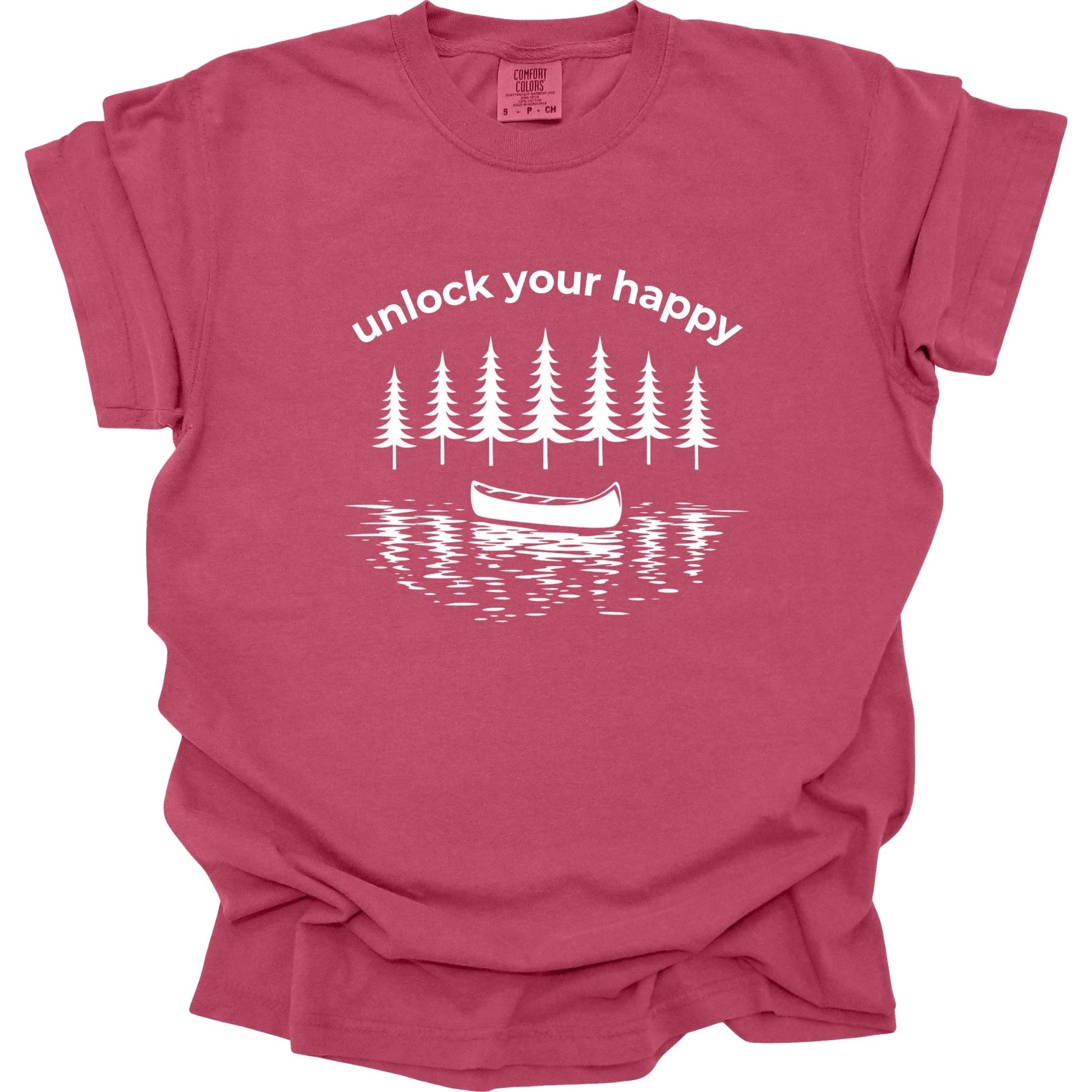 Brick t-shirt with white graphic design featuring trees and a canoe, with text 'unlock your happy'.