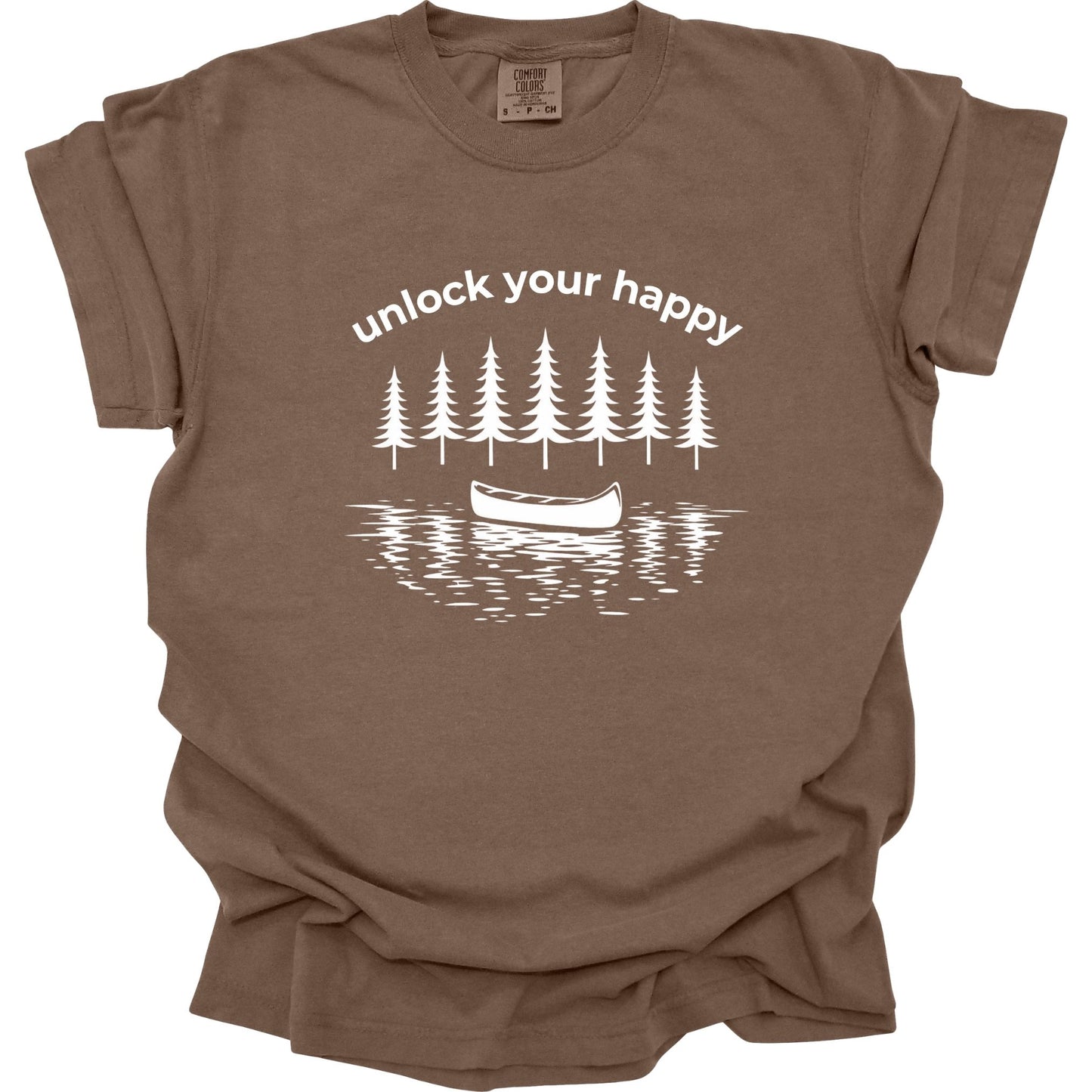 Brown t-shirt with a graphic design of trees and a canoe with 'unlock your happy' text on a white background.