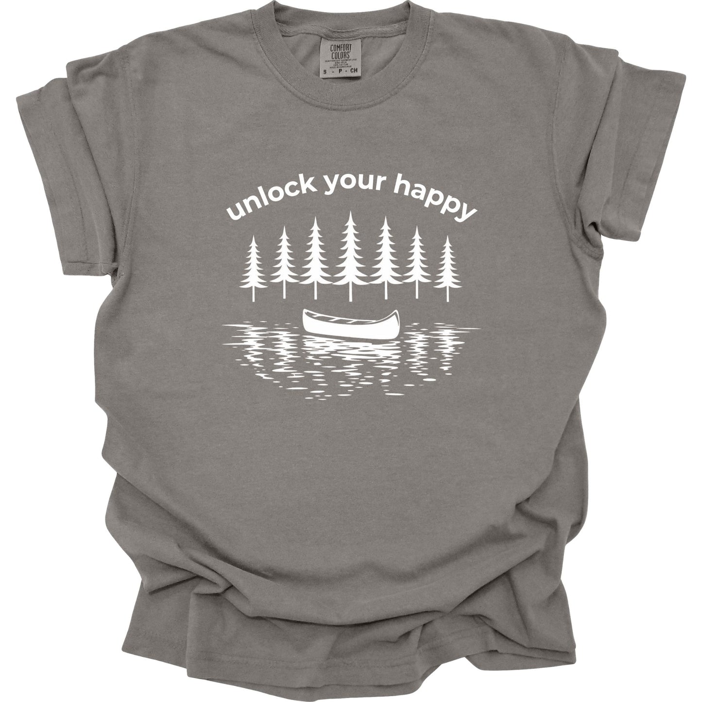 Gray t-shirt with nature-themed graphic and 'unlock your happy' text on a white background