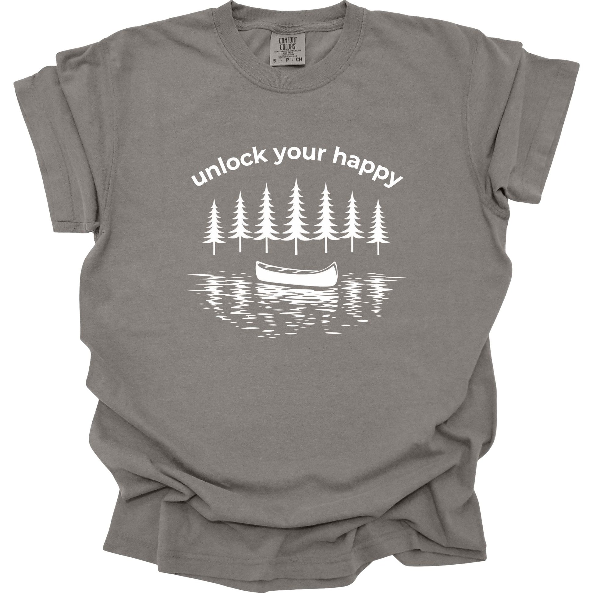 Gray t-shirt with nature-themed graphic and 'unlock your happy' text on a white background