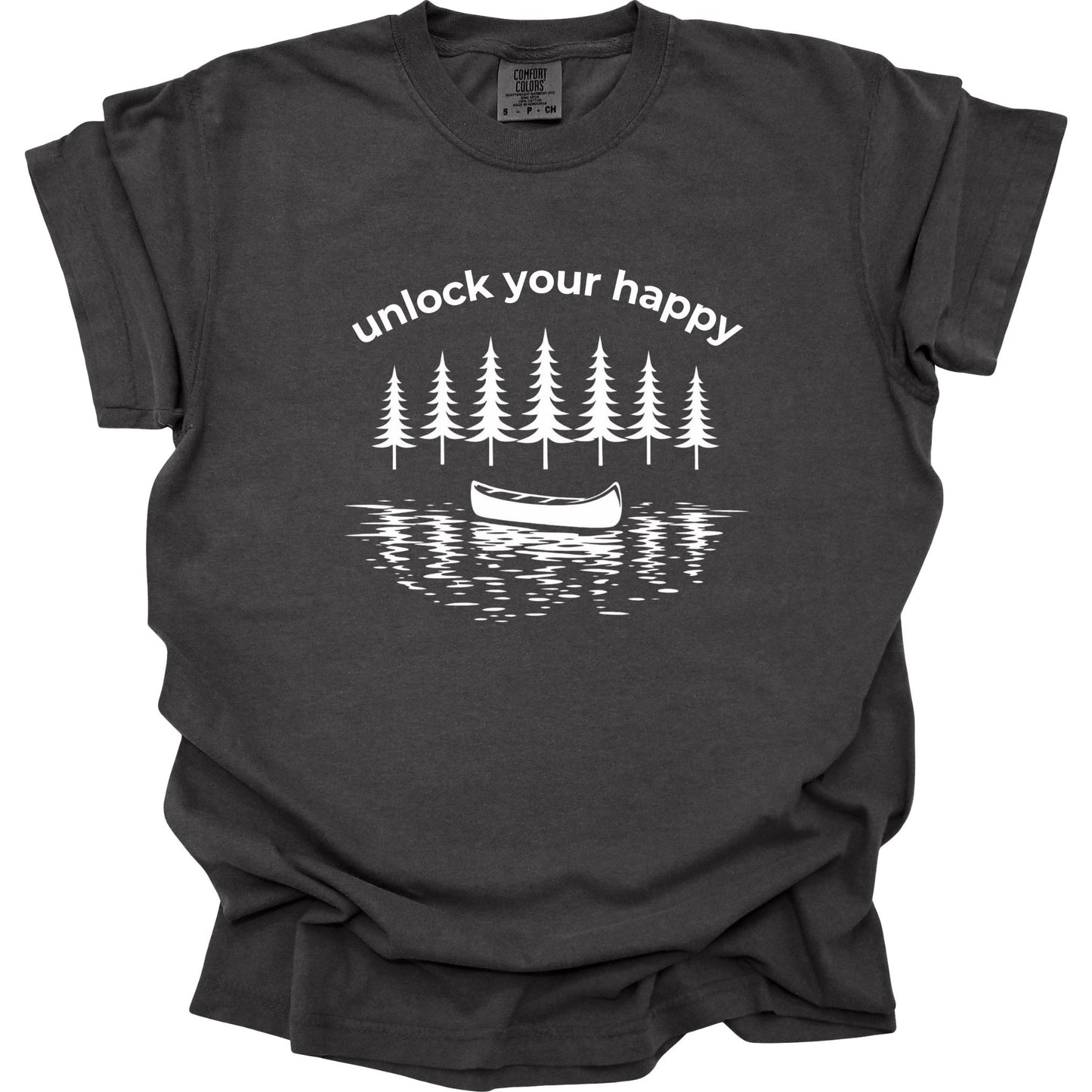 Pepper t-shirt with white graphic design featuring trees and a canoe, with text 'unlock your happy'.