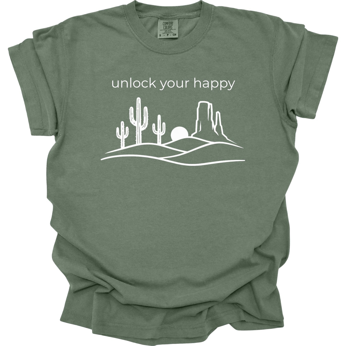 Green t-shirt with desert graphic and 'unlock your happy' text on a white background